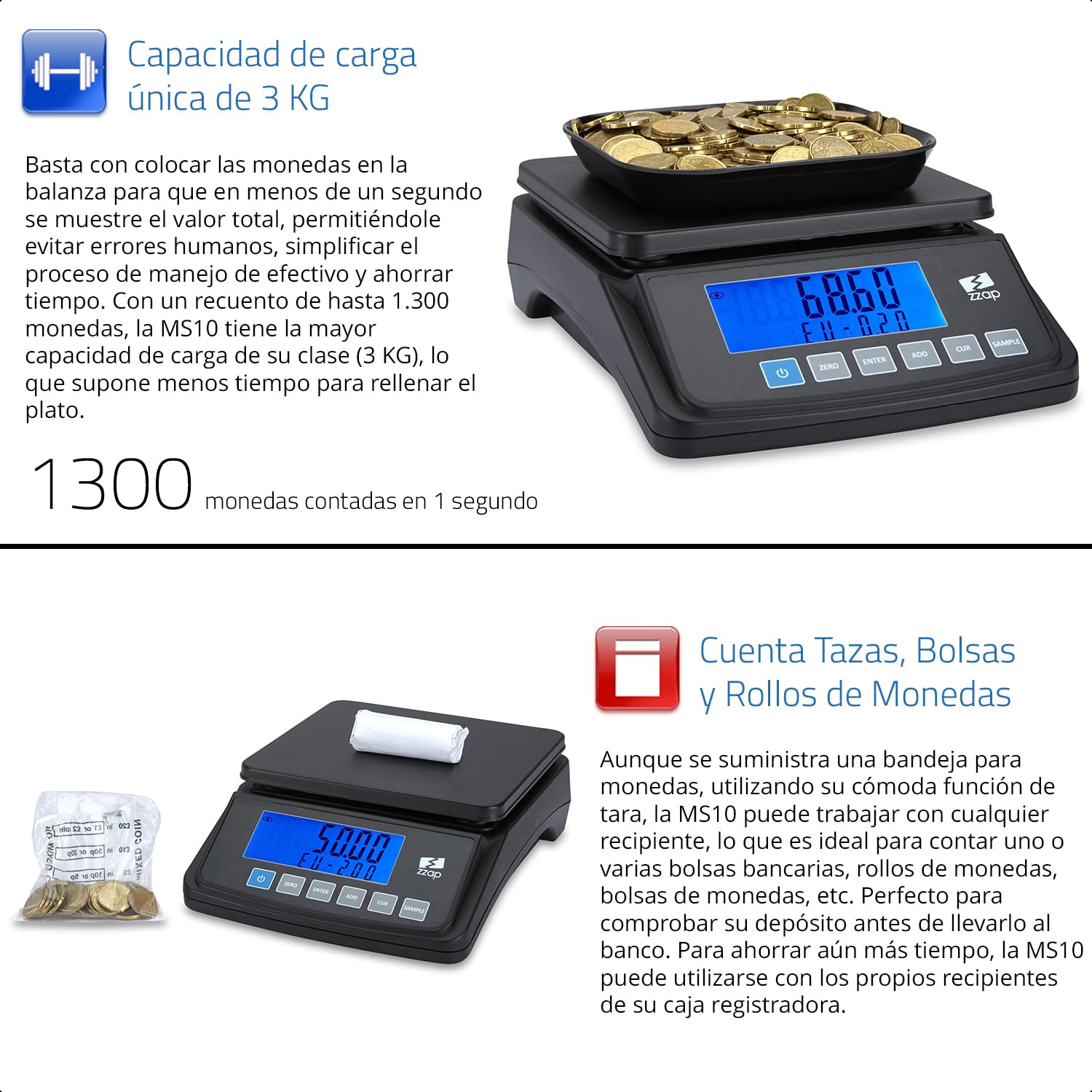 ZZap MS10 Báscula contadora de monedas 5 divisas 3 kg pantalla retroiluminada batería