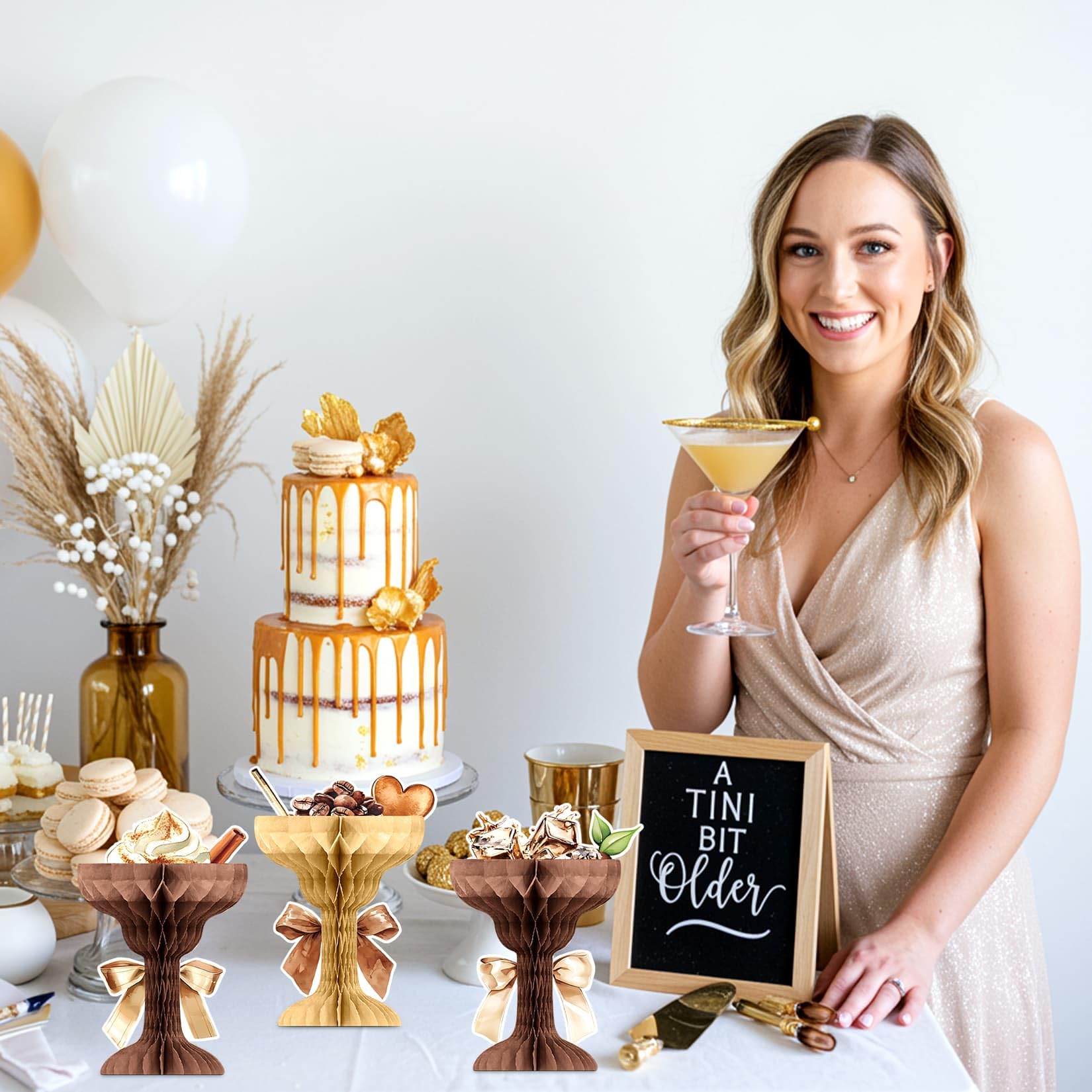 Fenyluxe 9 Pcs A Tini Bit Older Birthday Decorations 3D Martini Glass Shaped Honeycomb Table Centerpieces for Espresso Martini Themed Bachelorette Bridal Shower Tiny Bar Party Decorations