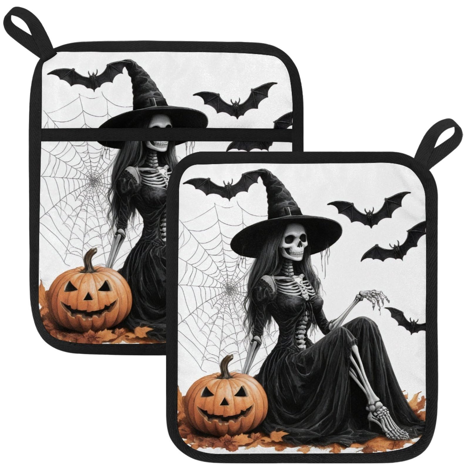 VAPOKF Skeleton Witch Pot Holders with Pocket for Kitchen Heat Resistant Potholders Large Polyester-Cotton Square Oven Mitts Set