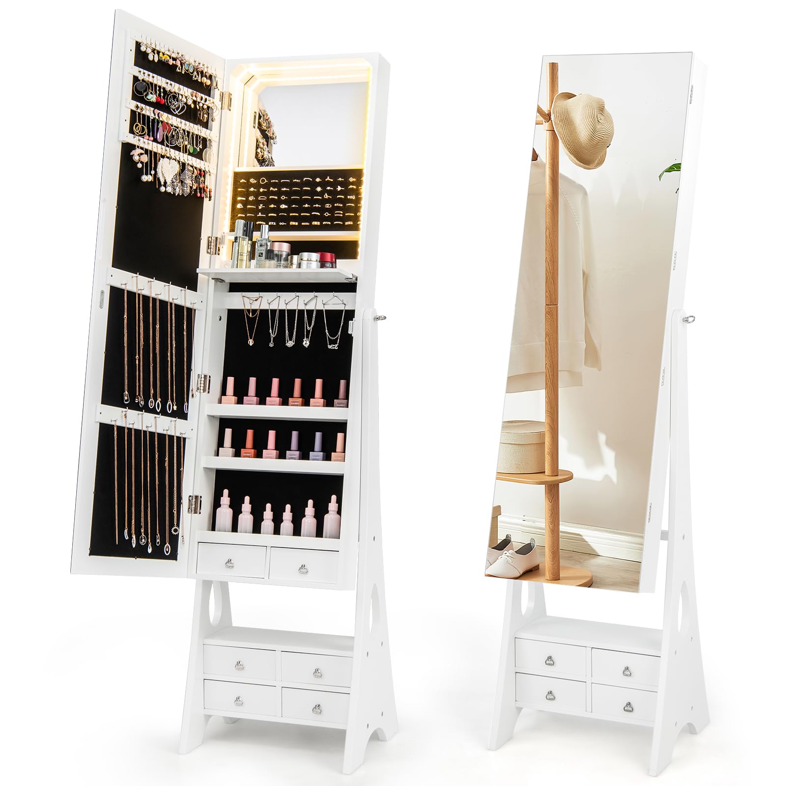 COSTWAY 3-Color LED Lights Jewellery Cabinet, Freestanding Jewelry Armoire with Full Length Mirror, Large Storage and Foldable Shelf, 3-Angle Adjustable Bedroom Jewellery Organiser Unit (White)