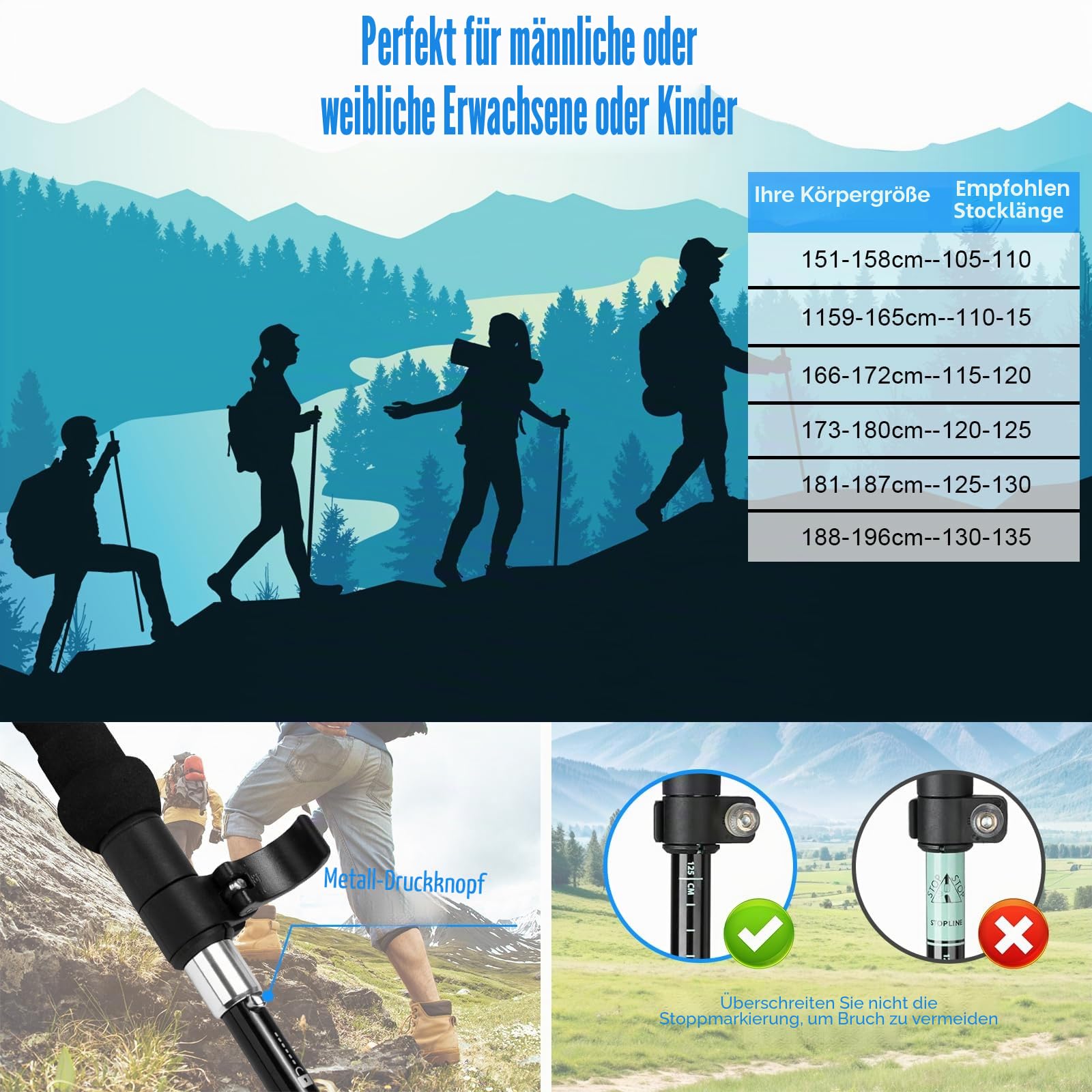 Wanderstöcke, Faltbar, Teleskopstöcke (110-130 cm), Ultraleichte Alu Trekkingstöcke oder Carbon, Walking Stöcke mit Korkgriff für Nordic Walking, Hiking Poles Klappbar für Skifahren & Bergsport