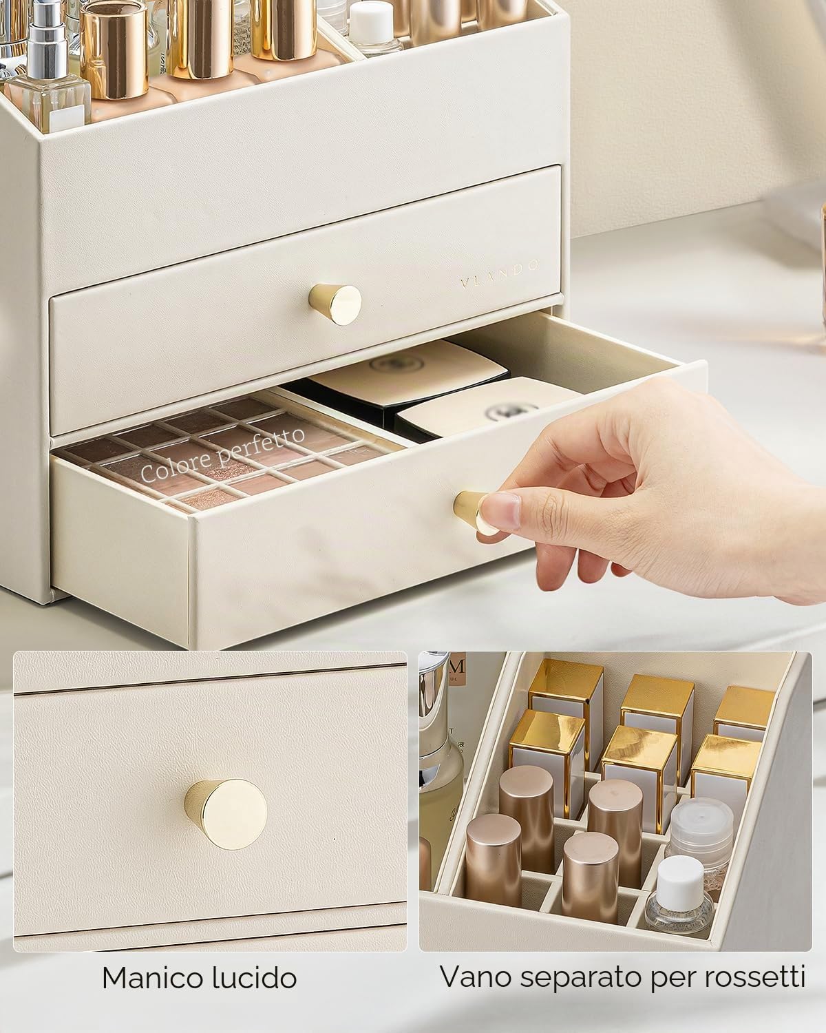 Vlando Organizer per trucchi con 3 cassetti, organizzatore da toeletta, organizzatore per cosmetici, organizzatore per il bagno, Dresser Skincare, beige
