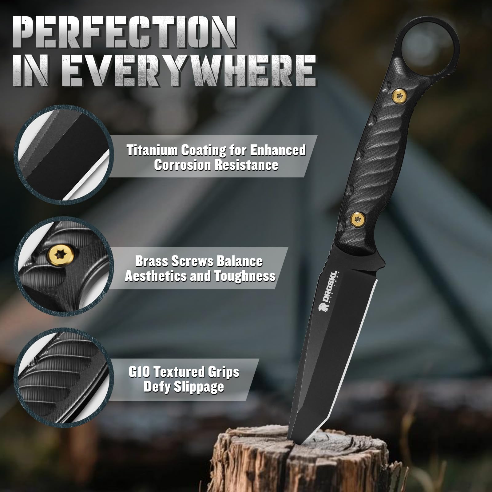 DRGSKL Camping Outdoor Messer Survival, Scharf Vielseitiges Bushcraft Messer Full Tang, Jagdmesser Feststehender Klinge mit Hoher Härte Klinge, Griff mit Ring