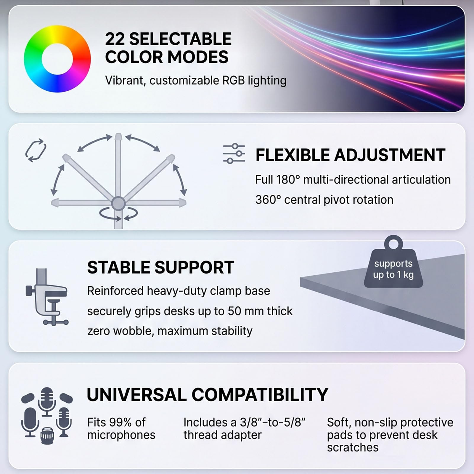 Jectse Soporte de Micrófono con Brazo Articulado RGB con 22 Modos de Color Rotación de Pivote de 360° Ajustable de 180° con Adaptador de 3/8 a 5/8 para Transmisión de Grabación de Estudio