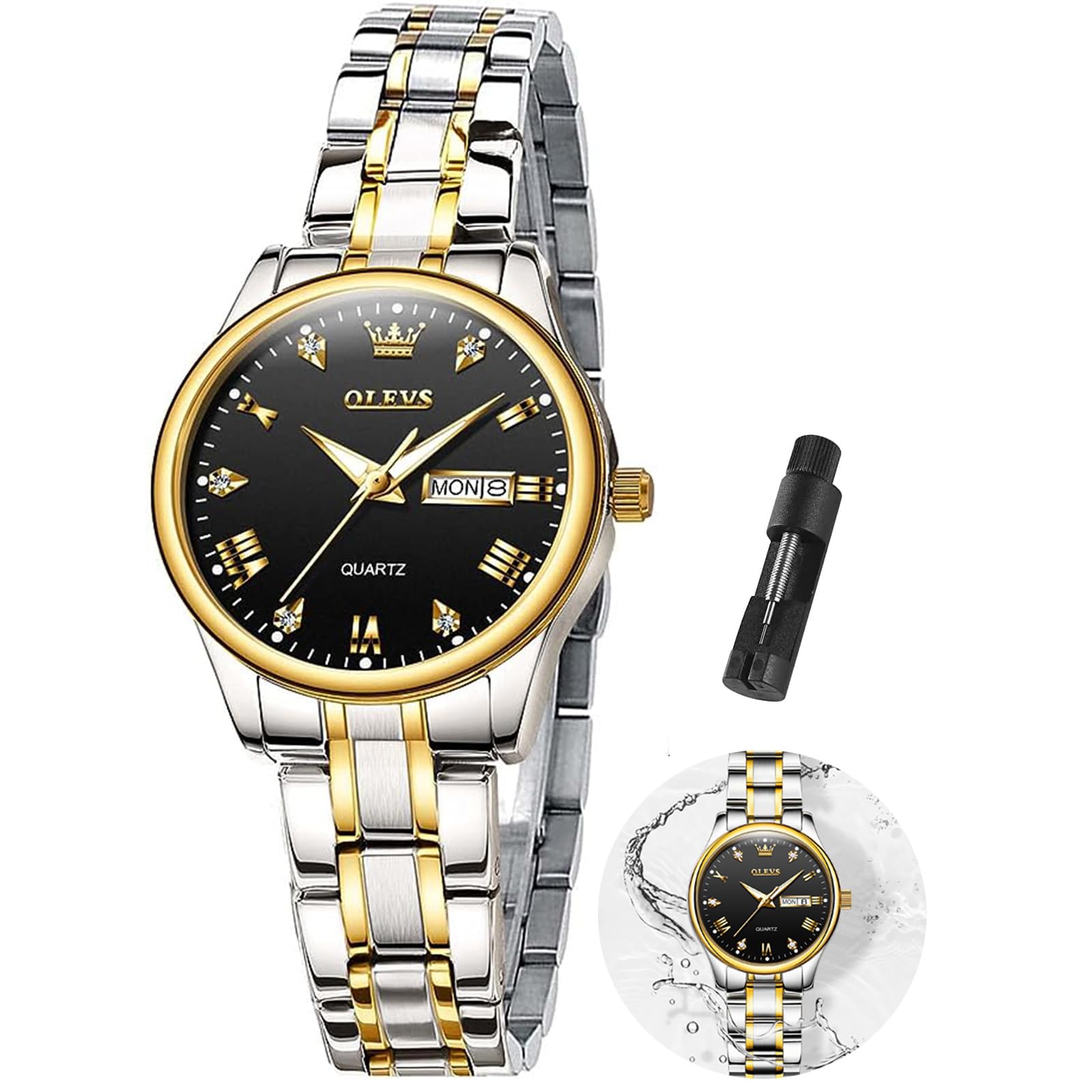 OLEVS Women's Stainless Steel Watch with Day Date, Small Wrist Simple Watch for Women, Elegant Waterproof Analog Quartz Ladies Watches