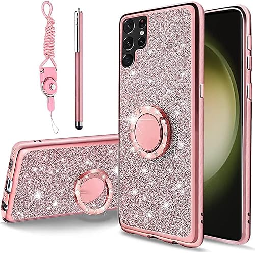 Miniatura 8 de B-Wishy Galaxy S23 Ultra Glitter Caso, Slim TPU Crystal Butterfly Design, Kickstand+Strap - Oro Rosa