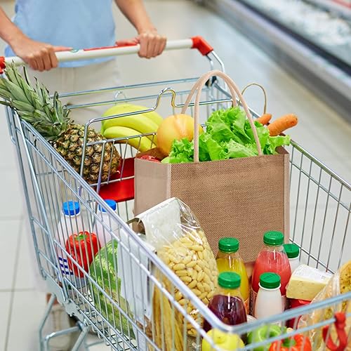 Miniatura 6 de TOPTIE 6 bolsas de mano reutilizables de arpillera con lado de lona, bolsa de dama de honor, bolsa de compras de yute, Marrón