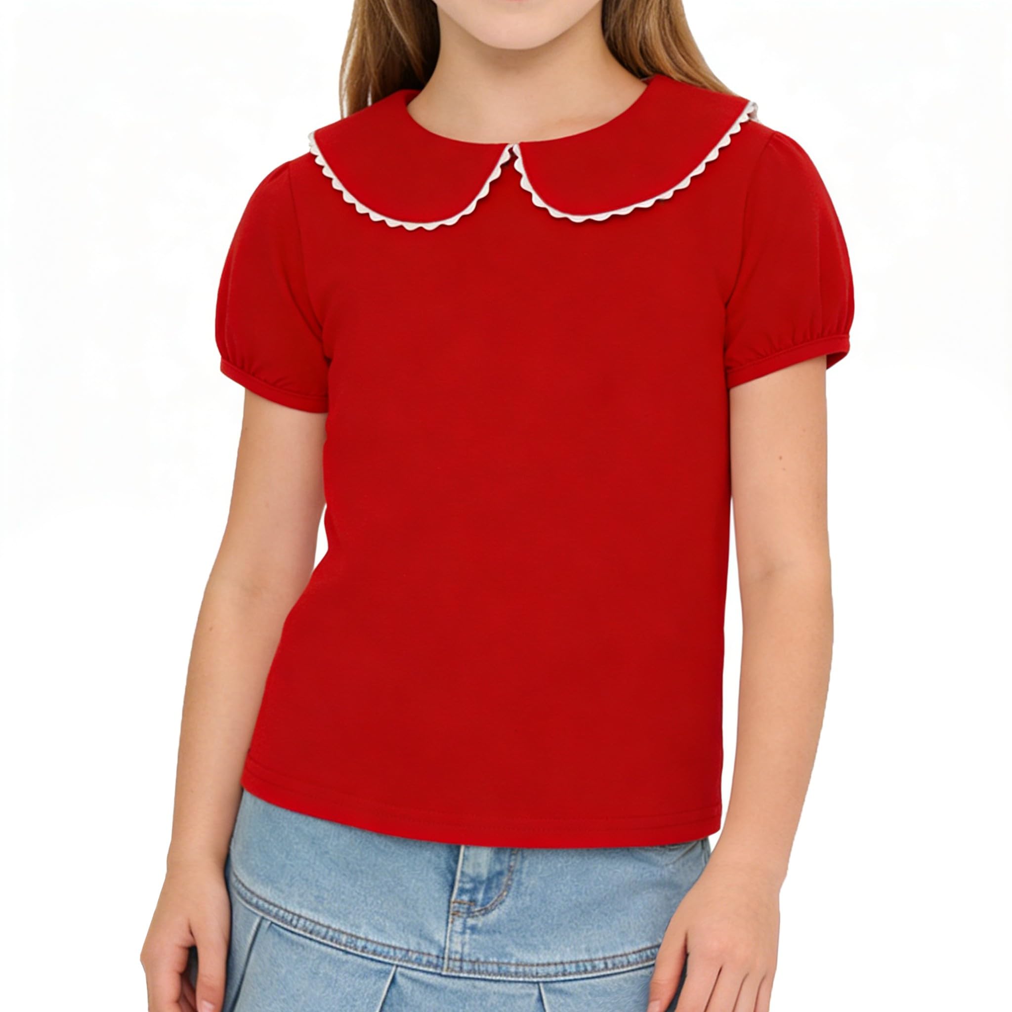 LYSMuch Girl Short Sleeve Peter Pan Collar Shirt Kid School Polo Shirt
