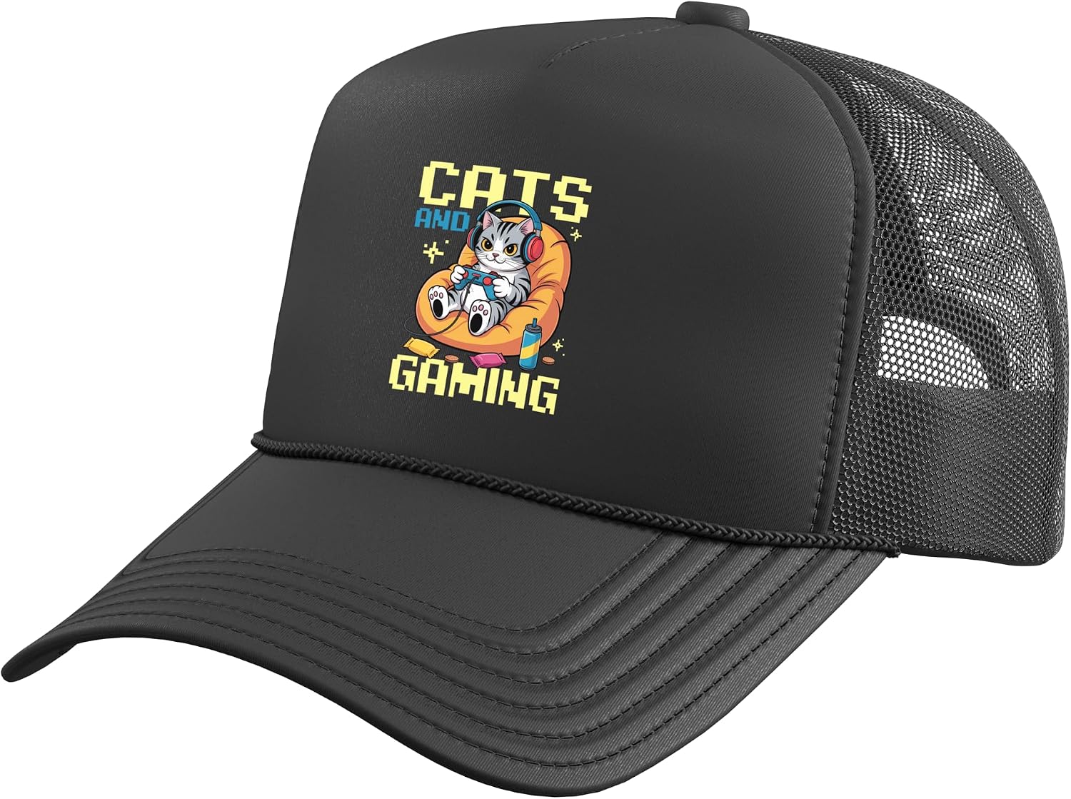 Gamer Gaming Cat Video Game Trucker Hat with Adjustable Mesh Back
