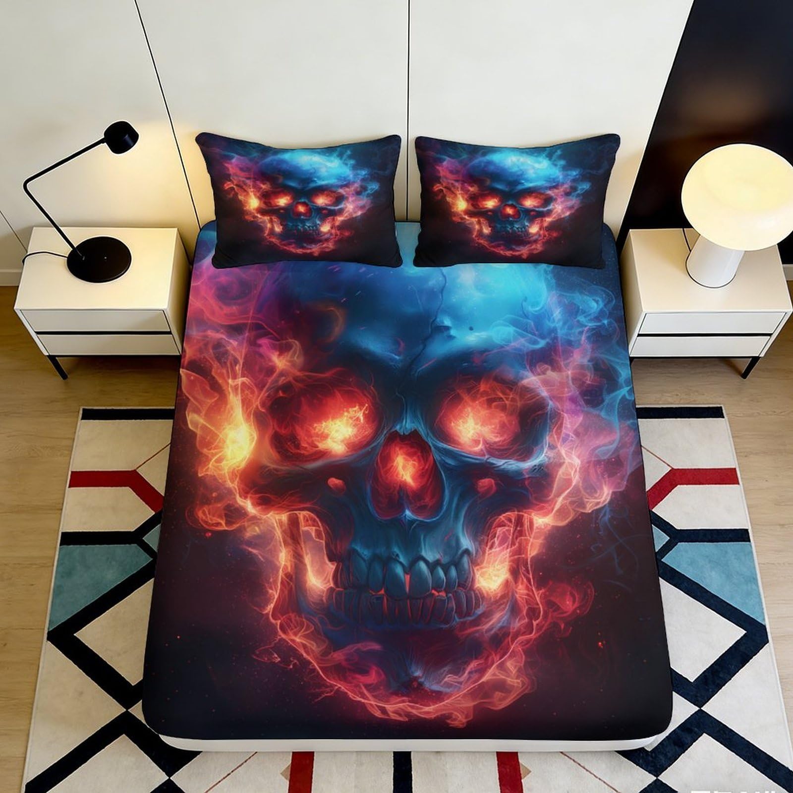 3D Printed Flaming Skull Fitted Sheet Microfiber Soft Breathable Smoke Skull Bed Cover for Bedroom Dorm Decor 90x200x25cm