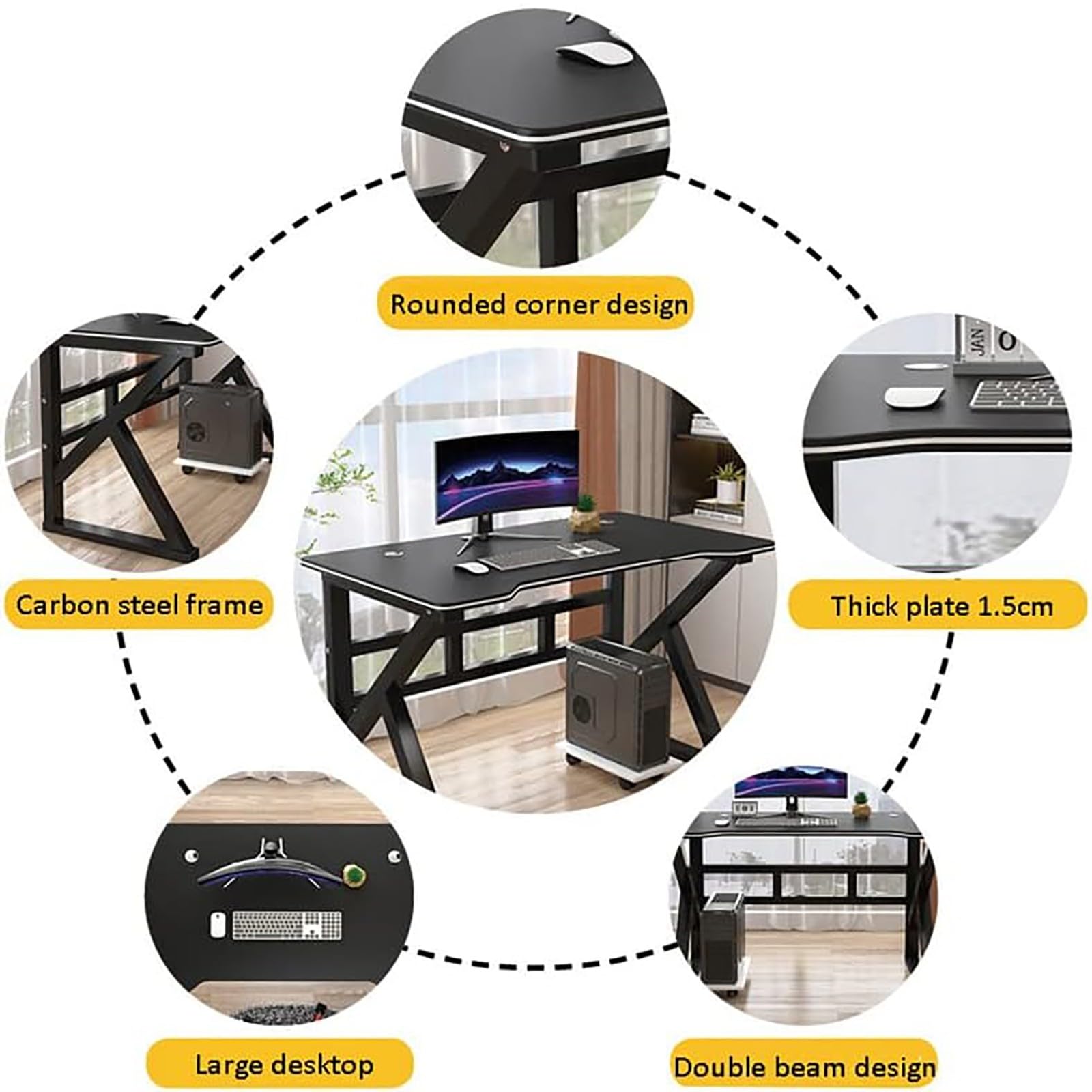 Tavolo da Gioco, scrivania ergonomica per Computer, postazione di Lavoro a Forma di K, scrivania per Studio/Ufficio Domestico in spazi ridotti, Nera, 120 * 60
