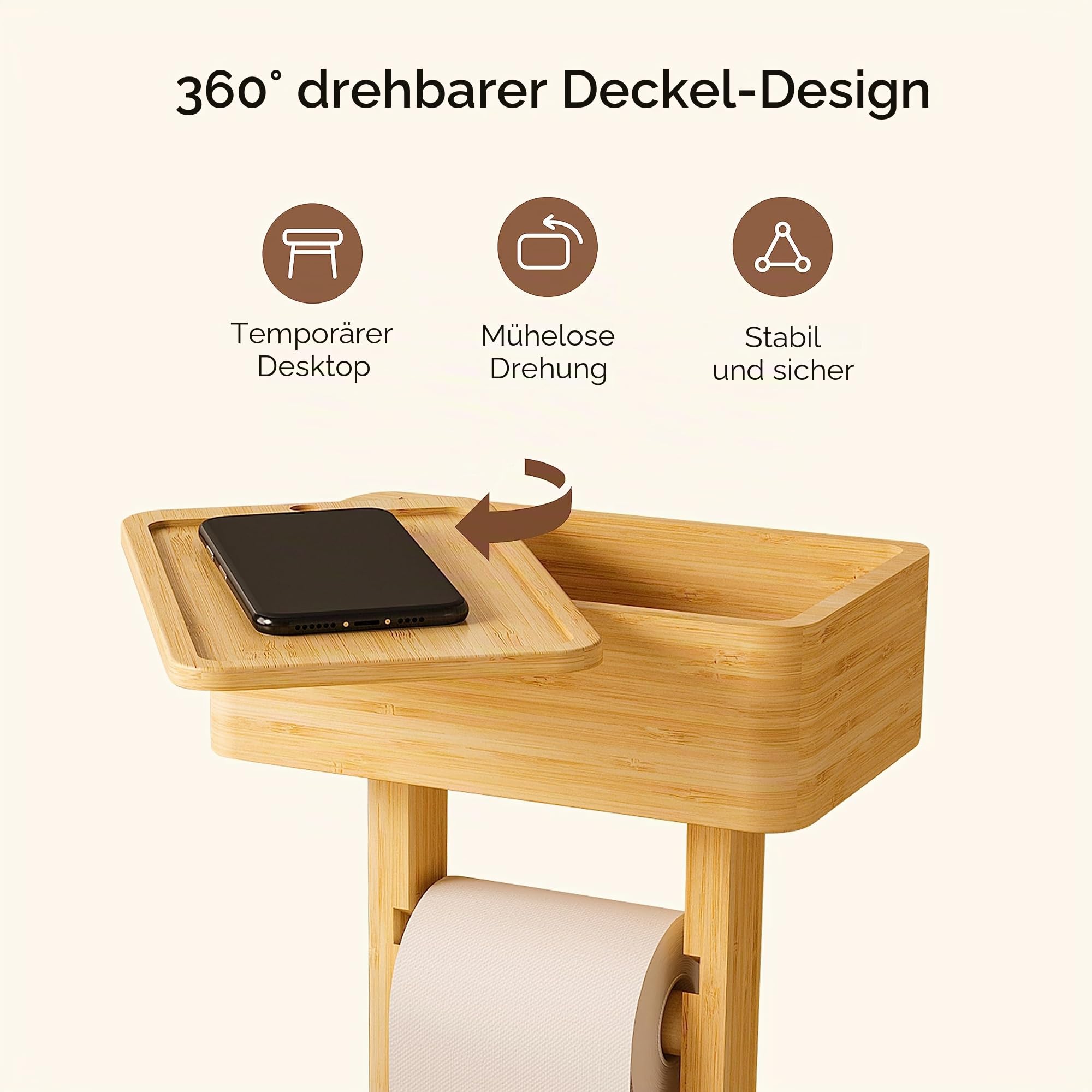 Wealone 4-in-1 Freistehender Toilettenpapierhalter mit Oberem Ablagefach, Bambus Klopapierhalter Stehend, Toilettenpapierhalter mit Feuchttücherbox, Vorübergehende Desktop für Badezimmer(Patentschutz)