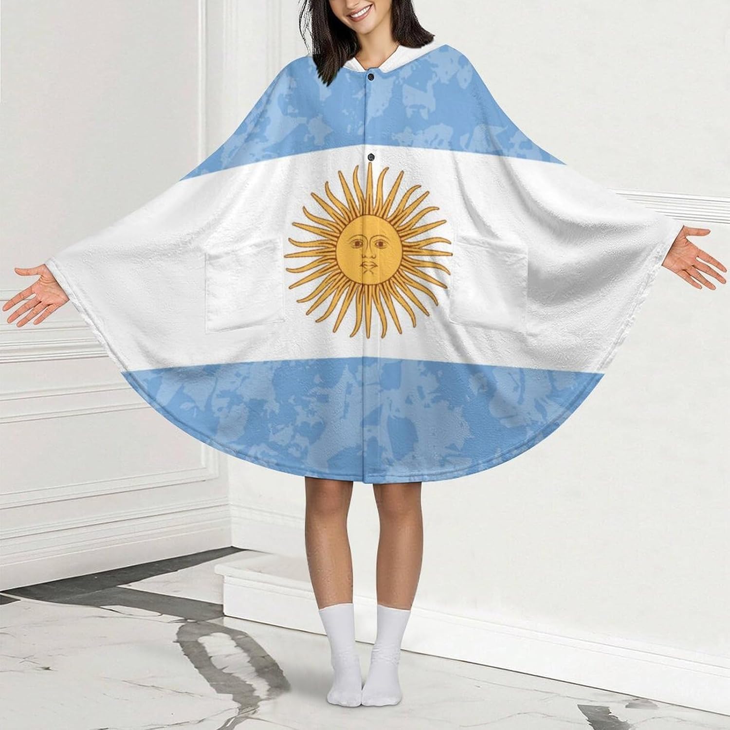 Retro Argentina Flag Wearable Blanket with Hooded Flannel Blankets Cape with Pocket