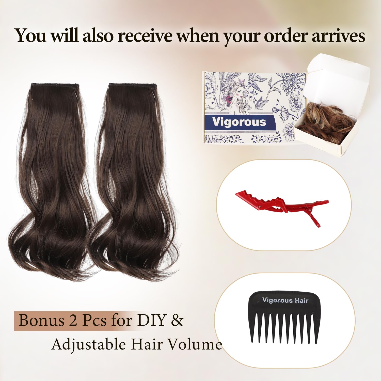 Vigorous Clip in Hair Extensions, V-Shape Hair Extension One PCS Long Wavy Natural Layered Blends Full Head Clip Ins Synthetic Hairpieces for Women, Medium Brown 20 Inch
