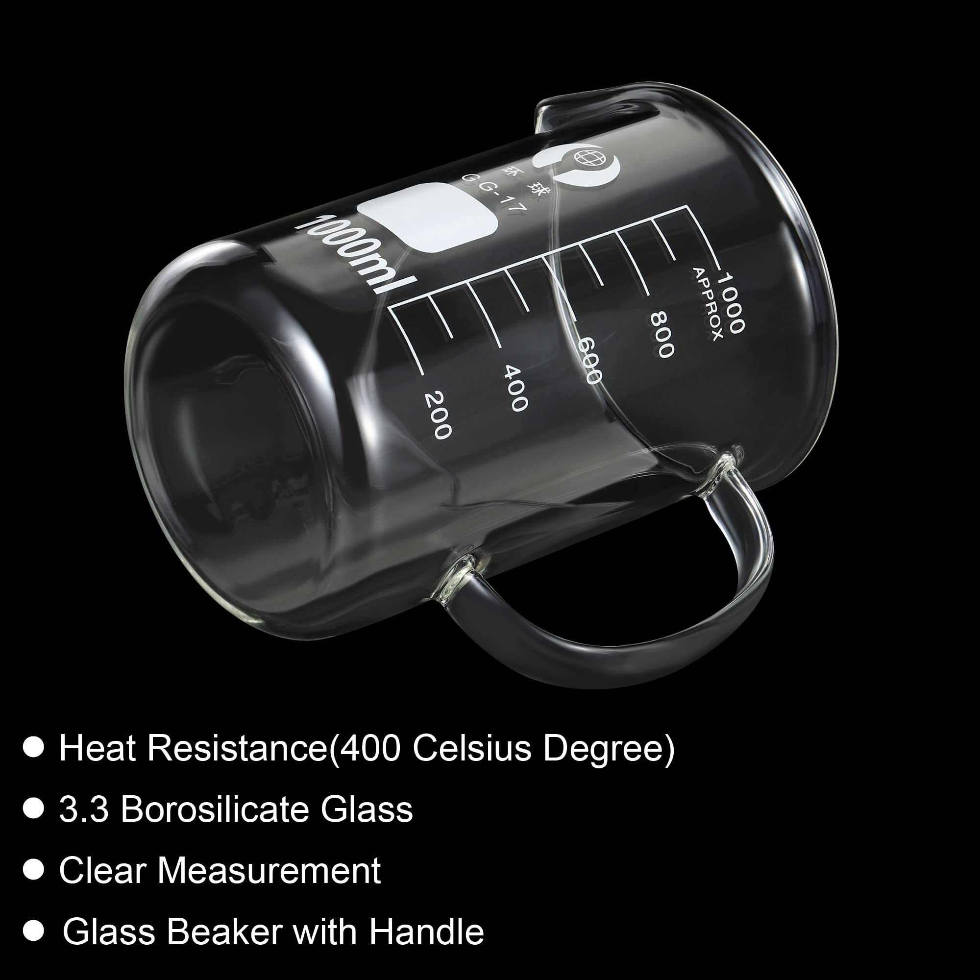 PATIKIL 1000ml Vetro Bicchiere con Manico, 3.3 Borosilicato Vetro Graduato Stampato Scale Misurini Tazze con Beccuccio per Cucina laboratorio liquidi