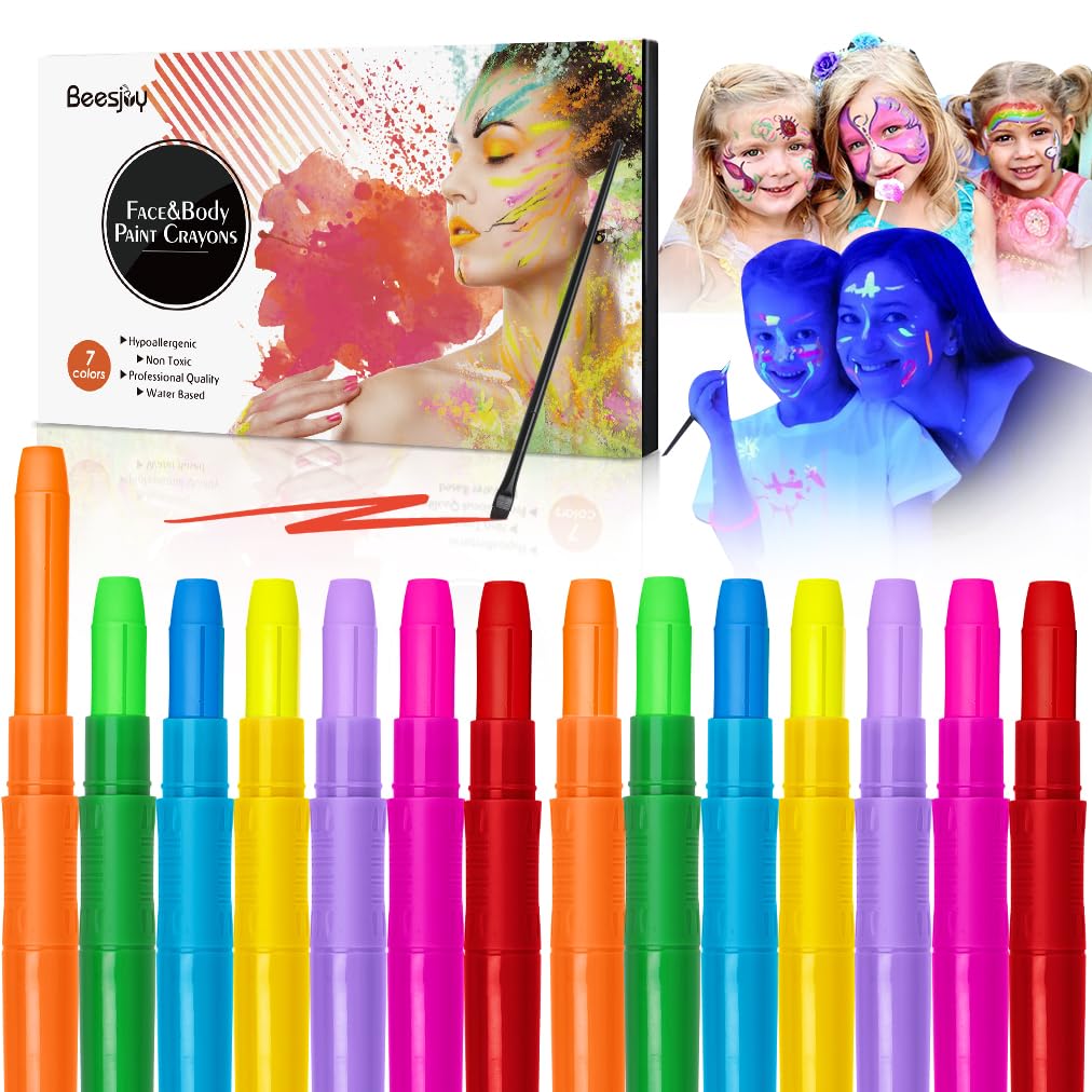 Beesjuy 14 ceras Luminosas para Pintura Facial, 14 UV Fluorescente(7colores*2), Lavable Luminosas para Pintura Facial Set para Carnaval/Cosplay/Fiesta de Disfraces/Fiesta de Cumpleaños(14 UV)