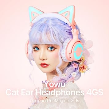 YOWU RGB Cat Ear Headphone 4, Upgraded Wireless & Wired Gaming Headset with Attachable HD Microphone -Active Noise Reduction, Dual-Channel Stereo & Customizable Lighting and Effect via APP (Pink)