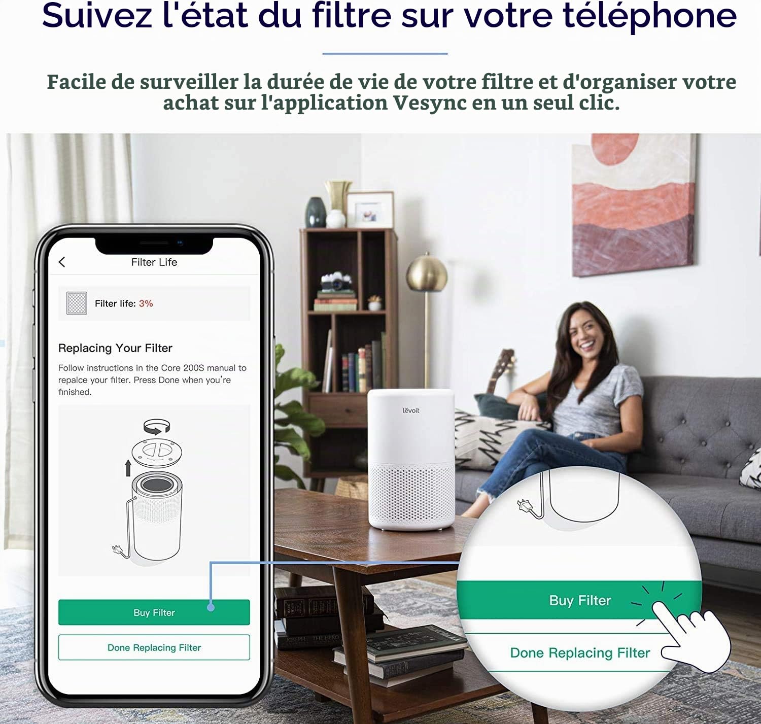 LEVOIT Core 200S-RF Filtre purificateur d'air, HEPA 3 en 1, charbon actif à haute efficacité, blanc [Classe énergétique A++]