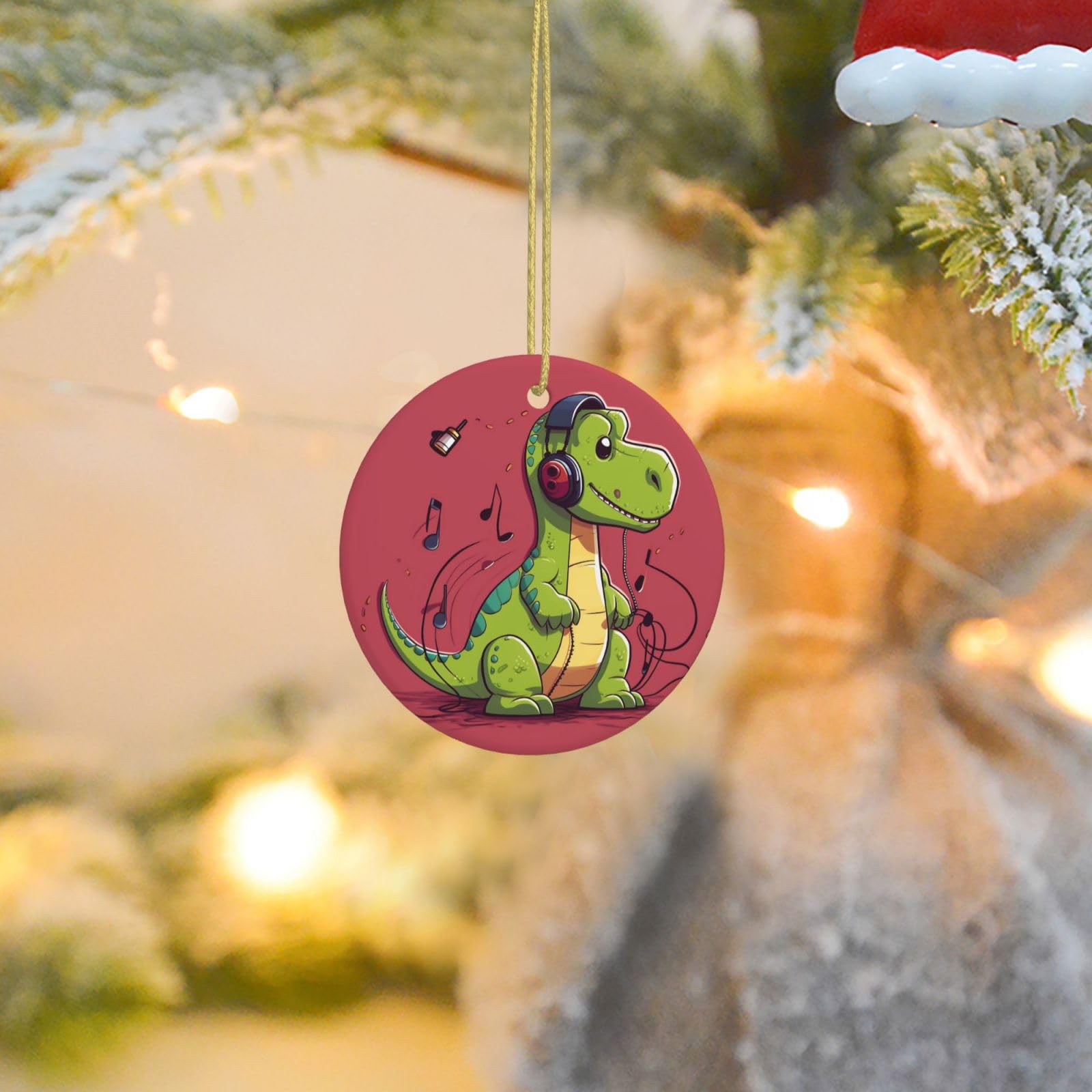 Christmas Tree Ornaments Ceramics Christmas Round Decorations Dinosaur Wearing Headphones Ceramics Ornaments Circle Pentagram Xmas Tree Hanging Pendant for Christmas Tree Party Holiday Home Decor
