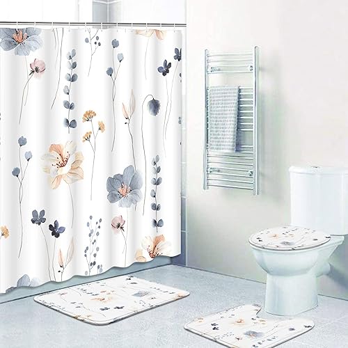 Miniatura 7 de ArtSocket Juego de baño floral azul beige con cortina de ducha y accesorios de alfombras, juego de cortina de ducha de flores de primavera, cortina
