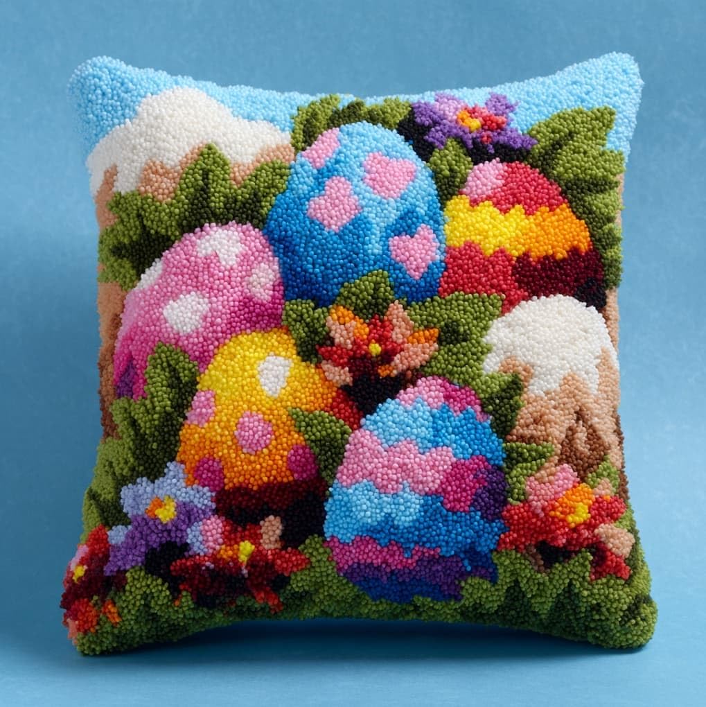 WallustrioaW Latch Hook Kit Cushion,Easter Eggs and Flowers,Latch Hook Kit DIY Pillow Materials Package Embroidery Cross Stitch Gifts,17x17in