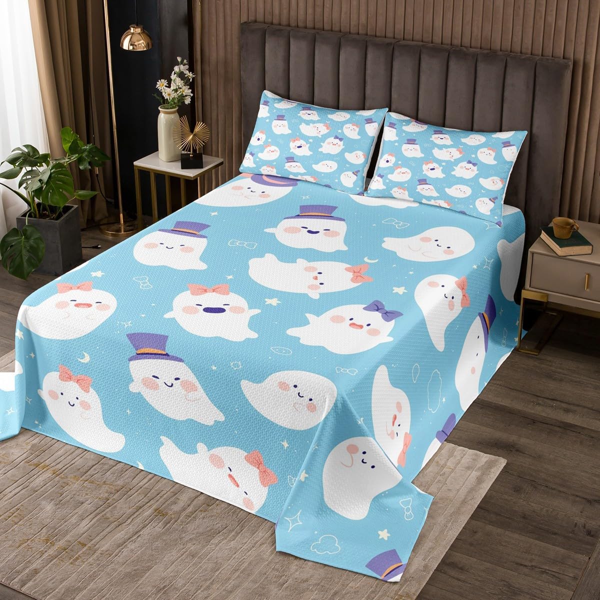 jejeloiu Halloween Decorations Bedspread Witch's Hat Black Bats and Pumpkins Print Coverlet Set King Size for Boys Girl Skull Pattern Quilted Coverlet Star Print Quilted Trick or Treat Bedroom Decor