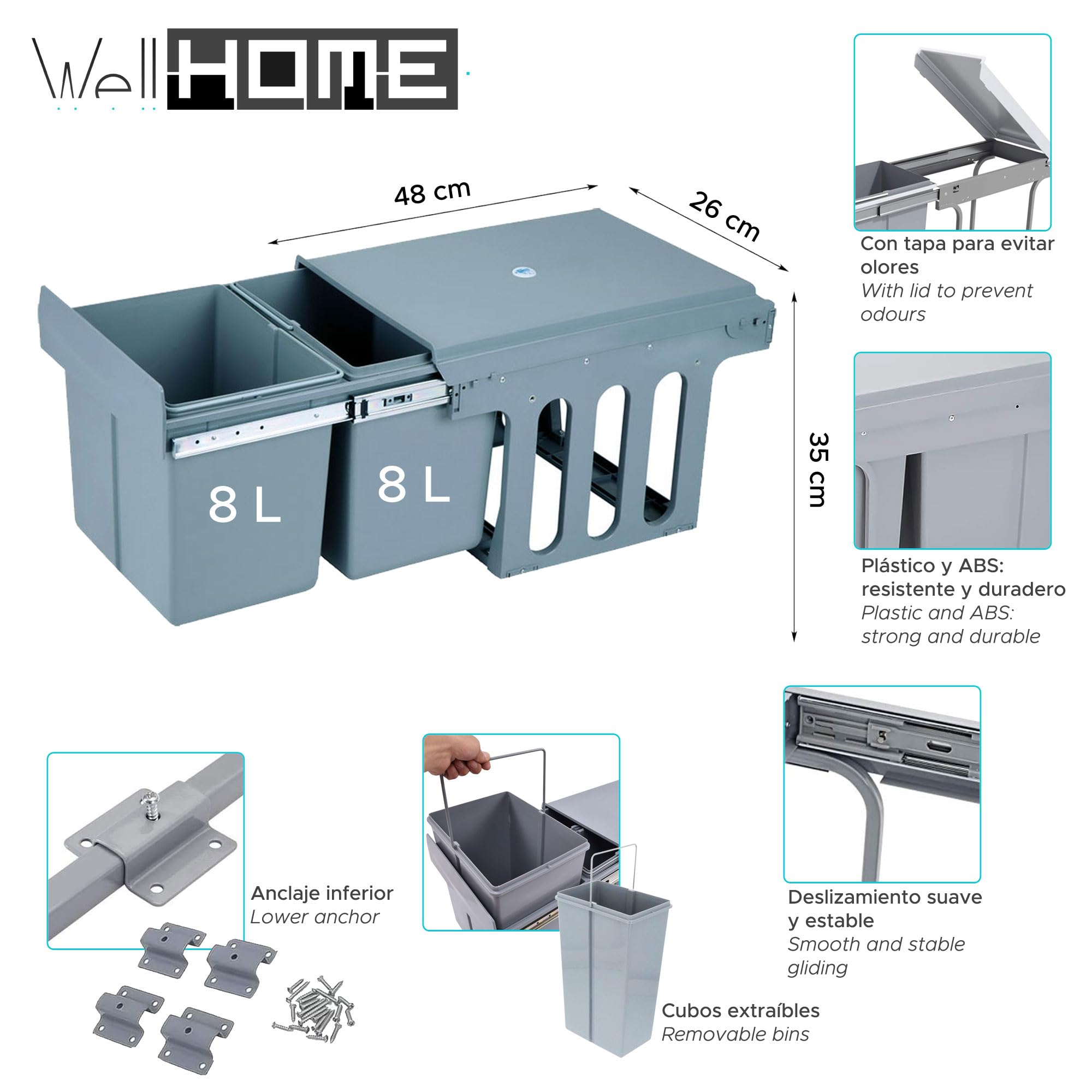 Contenedor de reciclaje para mueble de cocina, Cubos de basura bajo fregadero 2x 8L, fijación inferior y extracción manual de compartimento, cubos extraíbles, con tapa