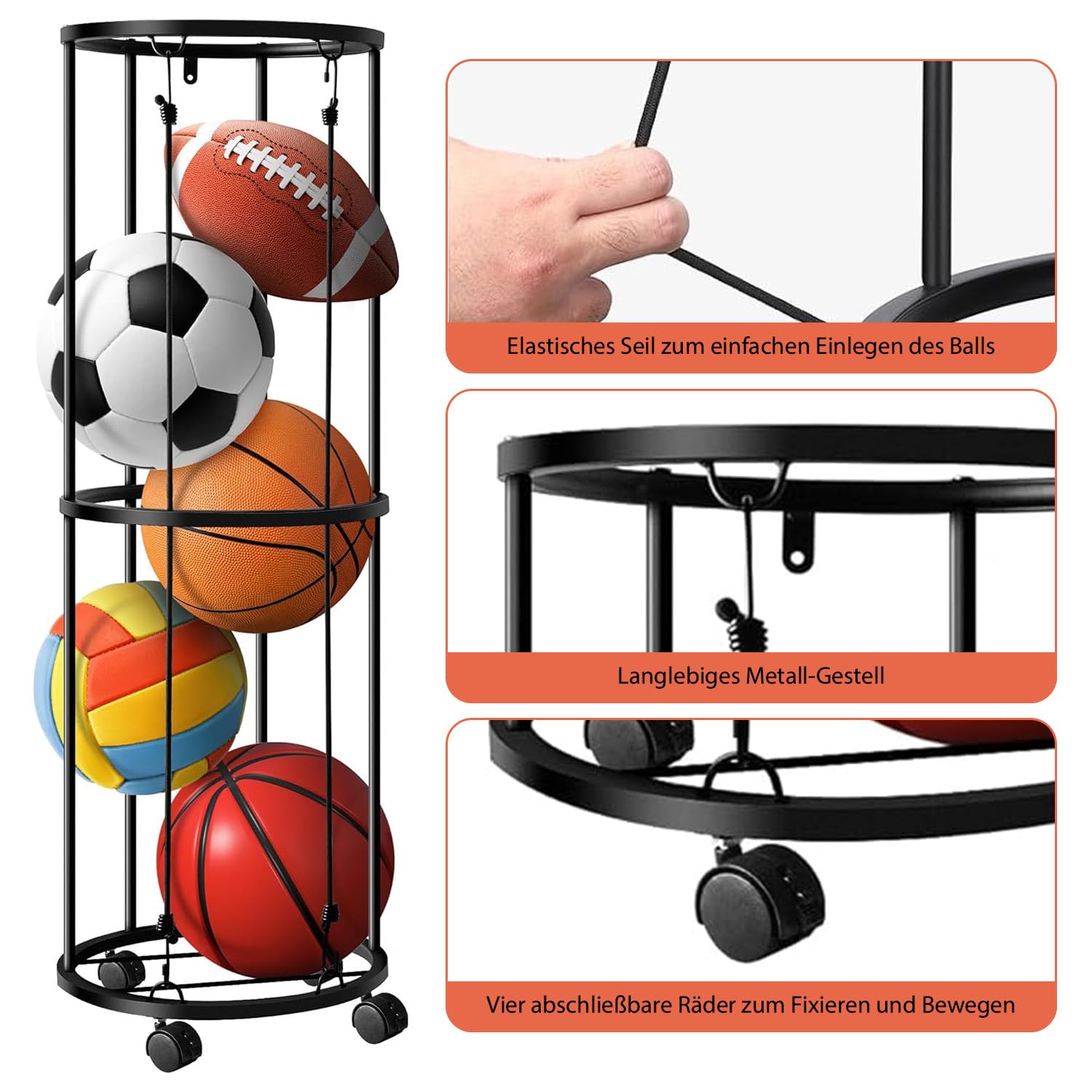 Soporte vertical para pelotas con ruedas, jaula de almacenamiento montada en la pared, estantería para baloncesto, fútbol y voleibol