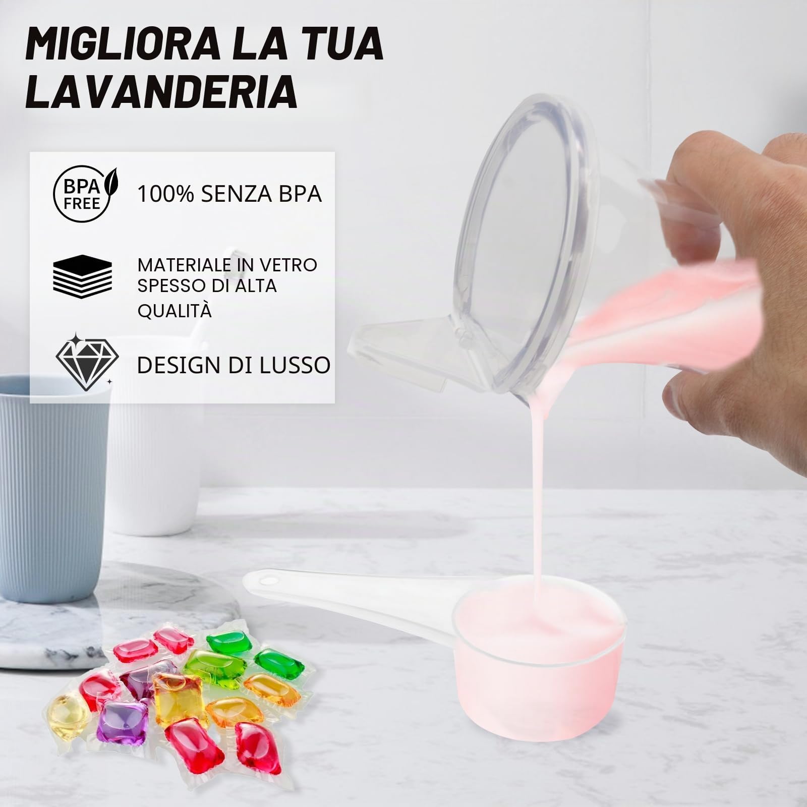 4 Pezzi Contenitore Detersivo Polvere, Grandi Contenitori per Capsule per Il Bucato, Dispenser Detersivo Lavatrice in Plastica, con Adesivi e Cucchiai per Lavaggio in Polvere, Fogli di Detersivo