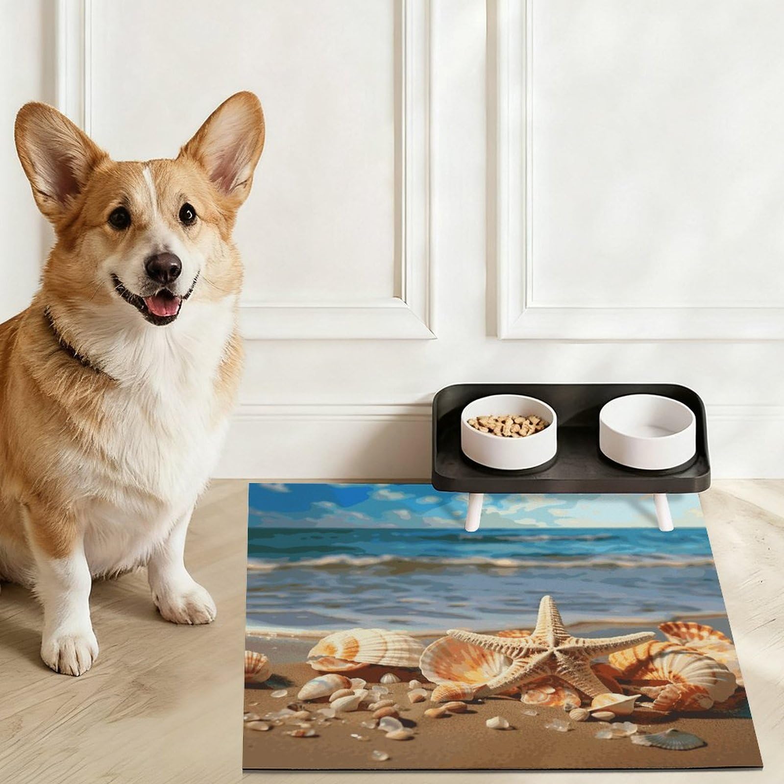 Tapis de nourriture pour chat avec coquillages sur la plage de sable – Tapis d'alimentation antidérapant pour chien facile à nettoyer pour la nourriture et l'eau, tapis de gamelle pour chien et chat