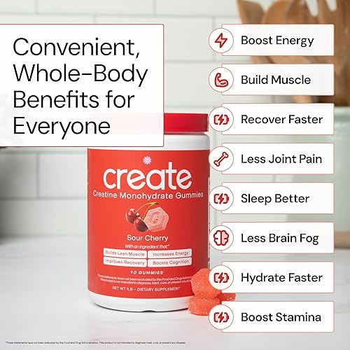 Miniatura 3 de Create - Gomitas de creatina monohidratada con 1.5 g de creatina por gomita para fuerza muscular, resistencia, recuperación y concentración veganas,