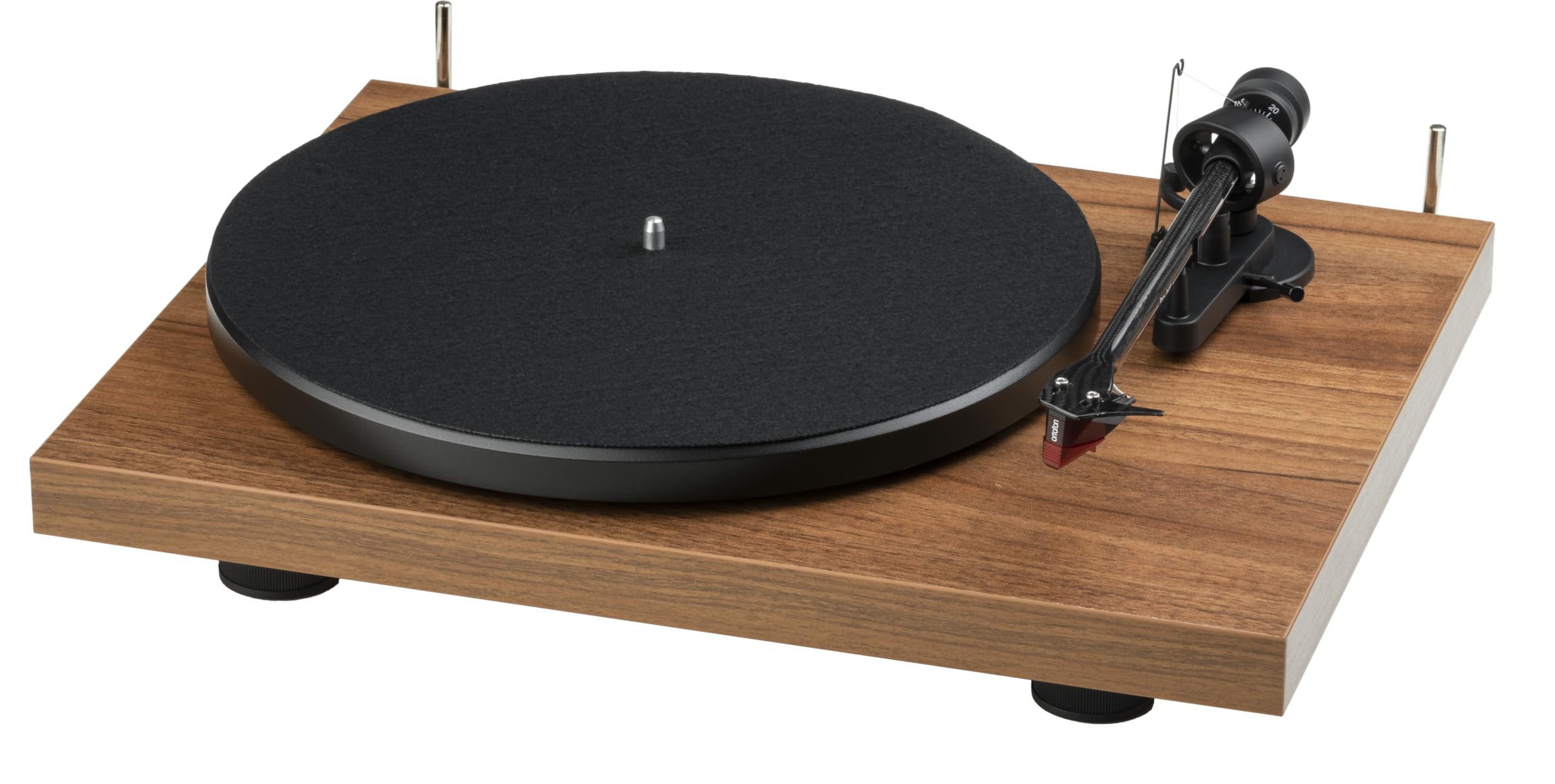 Pro-Ject Debut E Carbon Plattenspieler mit Carbon Tonarm, Ortofon Mikrofon 2M rot, Elektronische Geschwindigkeitsumschaltung, Made in Europe (Walnuss)