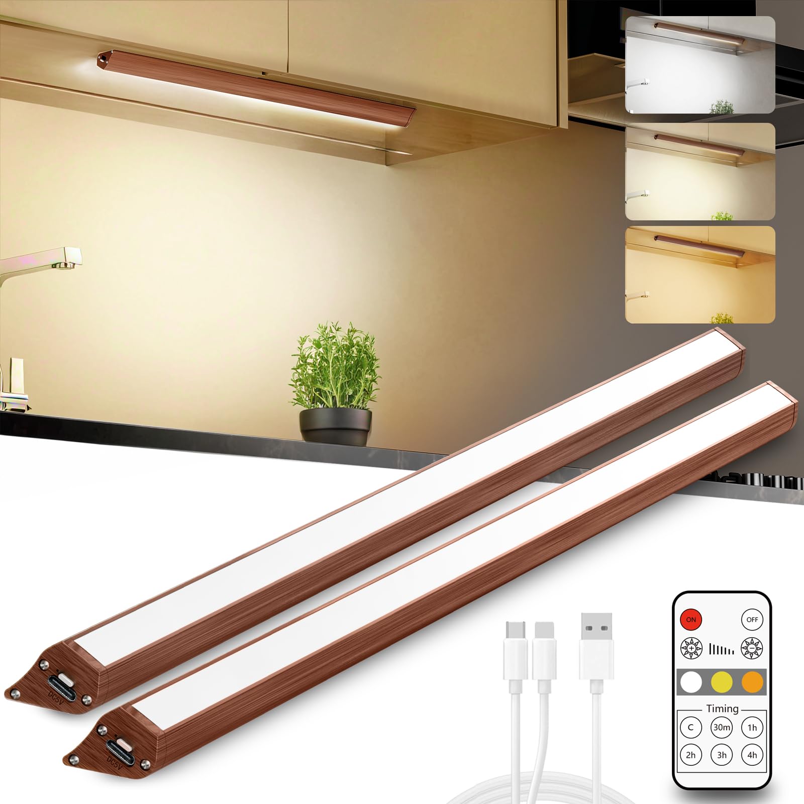 Luci per armadietto, luci LED per armadio, ricarica USB wireless (colore legno, confezione da 2 da 31 cm)