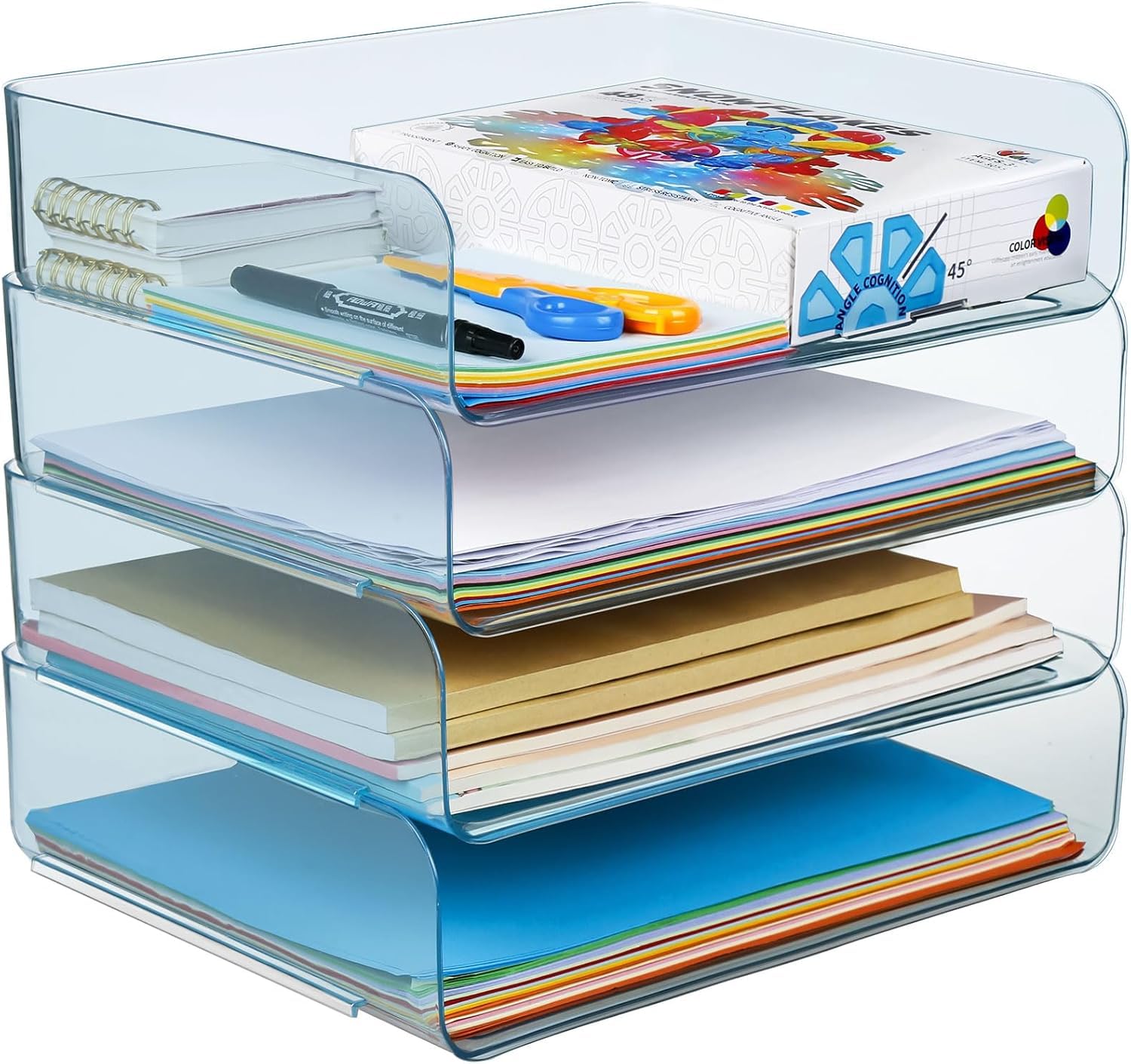 4 PCS Desk Letter Tray Set, A4 Size Clear PET Stackable Document Organizer Office Desktop File Paper Holder Book Storage Rack for Supplies,Magazine,File Documents,Receipts (Blue) — image 1