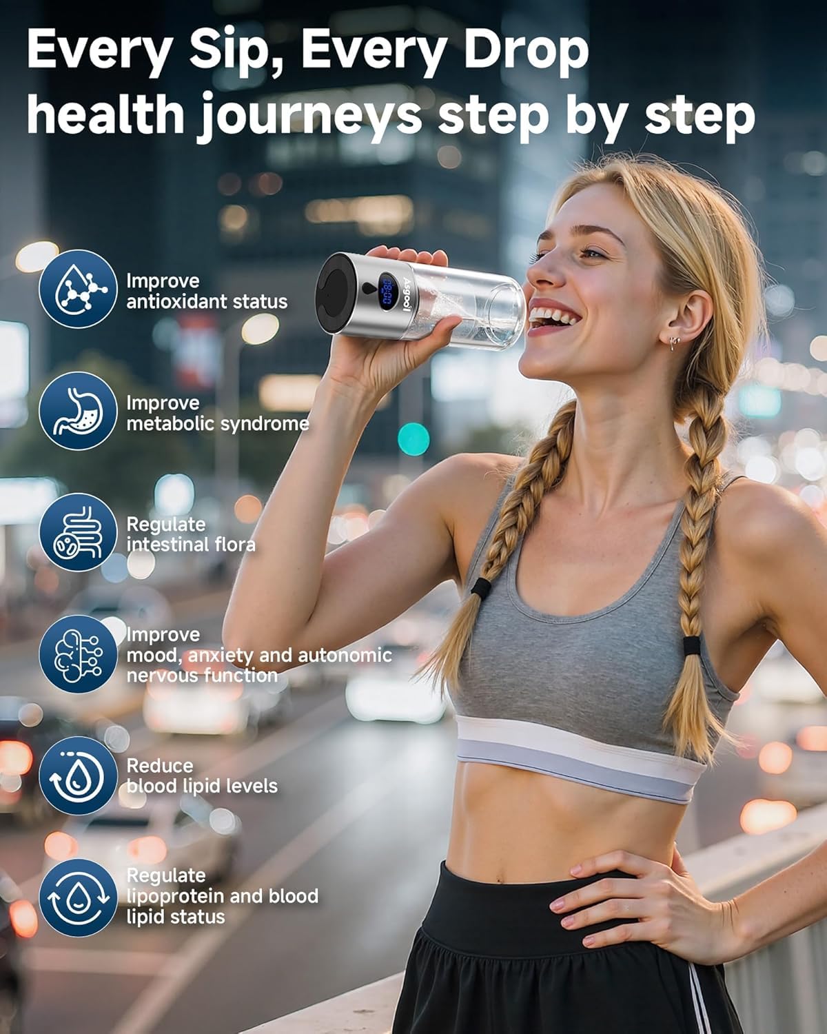 Hydrogen Water Bottle - 5000 PPB in 8 Minutes, Cyclic Mode for 8 Hours, Self Clean, Aluminum & Glass, 360ml Capacity, for Travel, Sports, Office, Home (Grey)