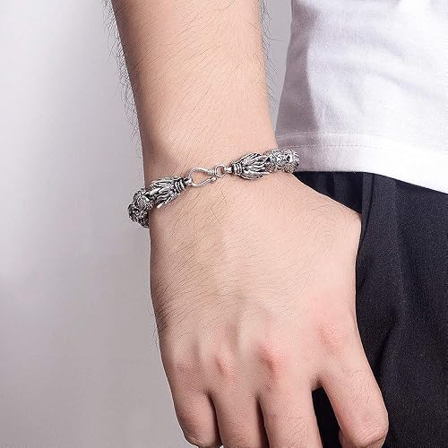 Miniatura 6 de Dankadi Pulsera de plata vintage para hombre, pulsera creativa de plata de ley 925 con dragón de 0.433 in, cadena de cuentas de 7-8-9-10 pulgadas