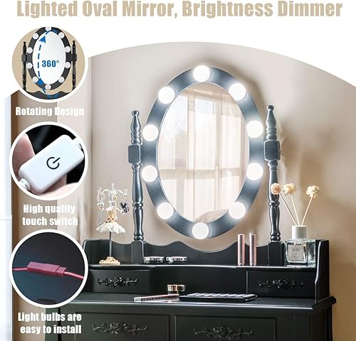 Miniatura 5 de DORTALA Juego de mesa de tocador, mesa de maquillaje con espejo iluminado, 4 cajones, taburete acolchado, patas de madera maciza, 10 bombillas