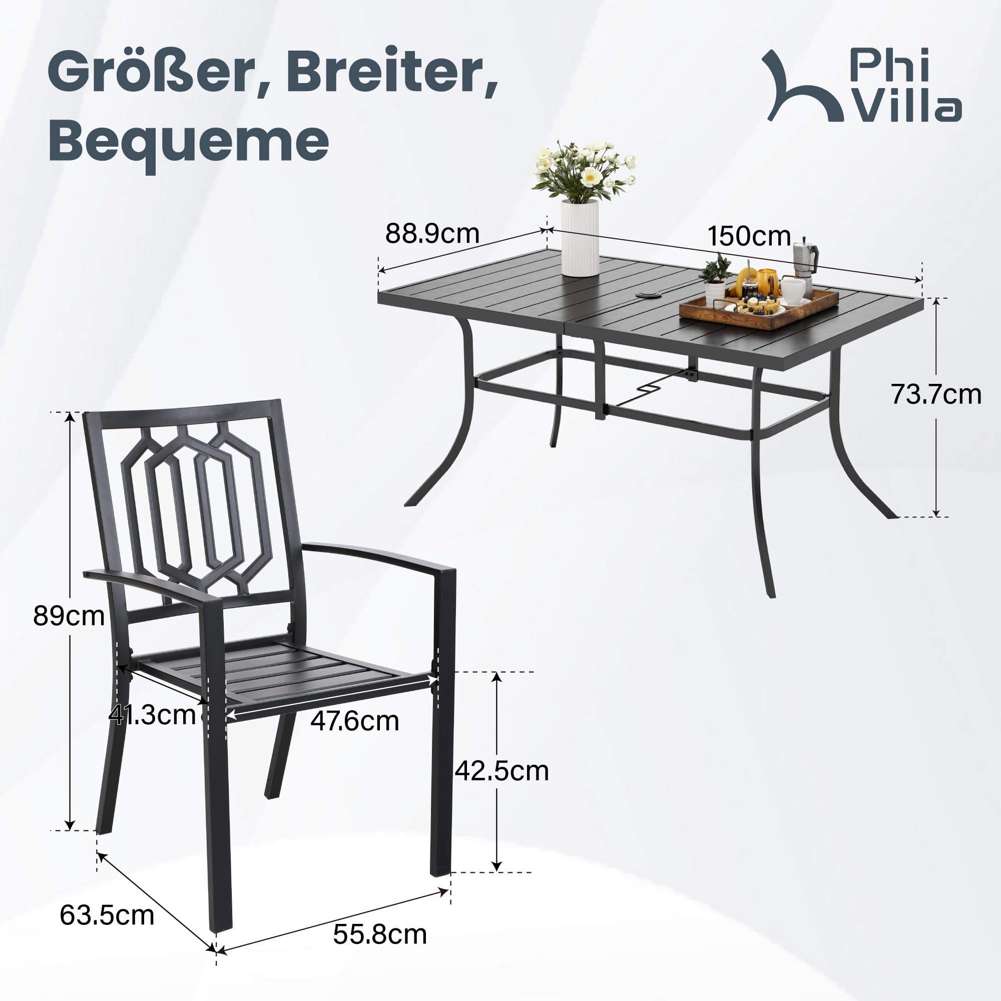 PHI VILLA Gartenmöbel 6 stühle mit Tisch Set Wetterfest Gartengarnitur Set 6 Personen mit Stapelbare Stühle und Rechteckig Esstisch mit 4cm Schirmloch Terrassen Outdoor Bistro Möbel Sets Metall