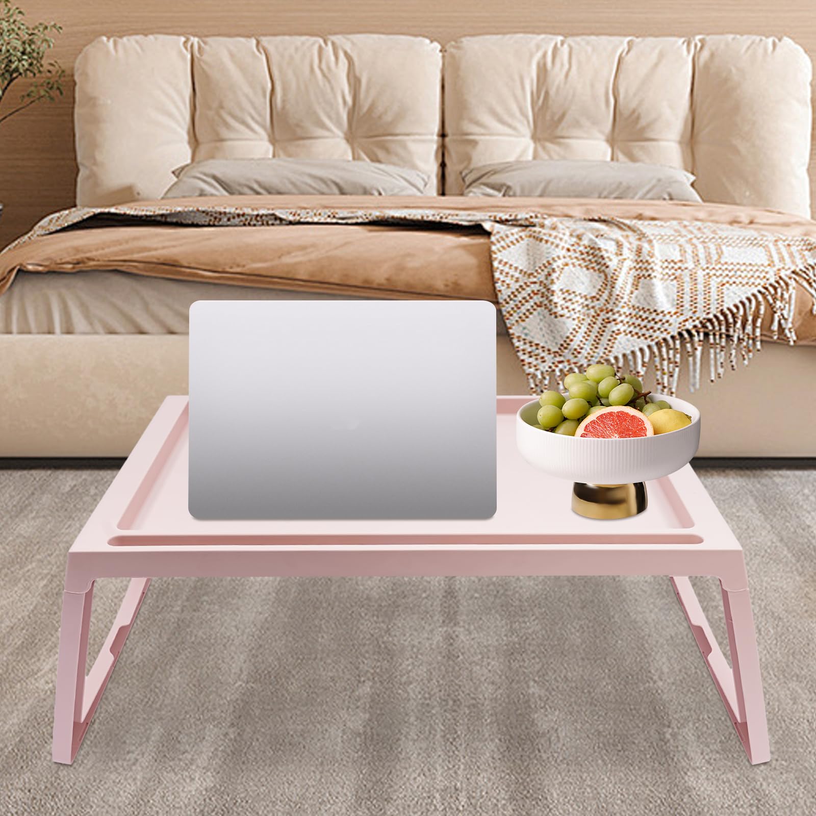 Plateau de petit-déjeuner en plastique pour lit, canapé, canapé, sol (rose)