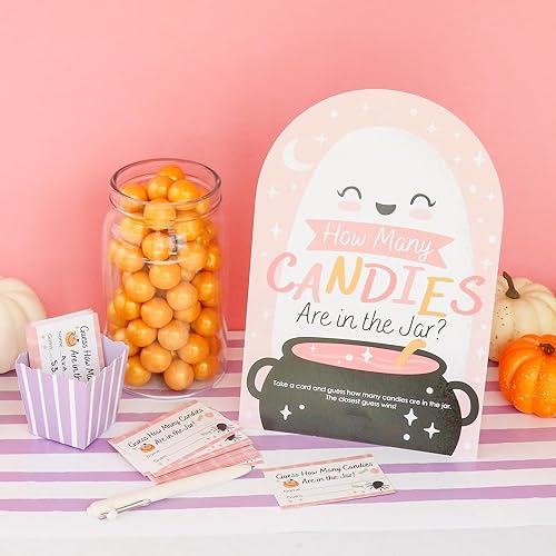 Miniatura 2 de Big Dot of Happiness Pastel Halloween - Juego de fiesta de calabaza rosa cuántos caramelos - 1 soporte y 40 cartas - Juego de adivinanzas de dulces