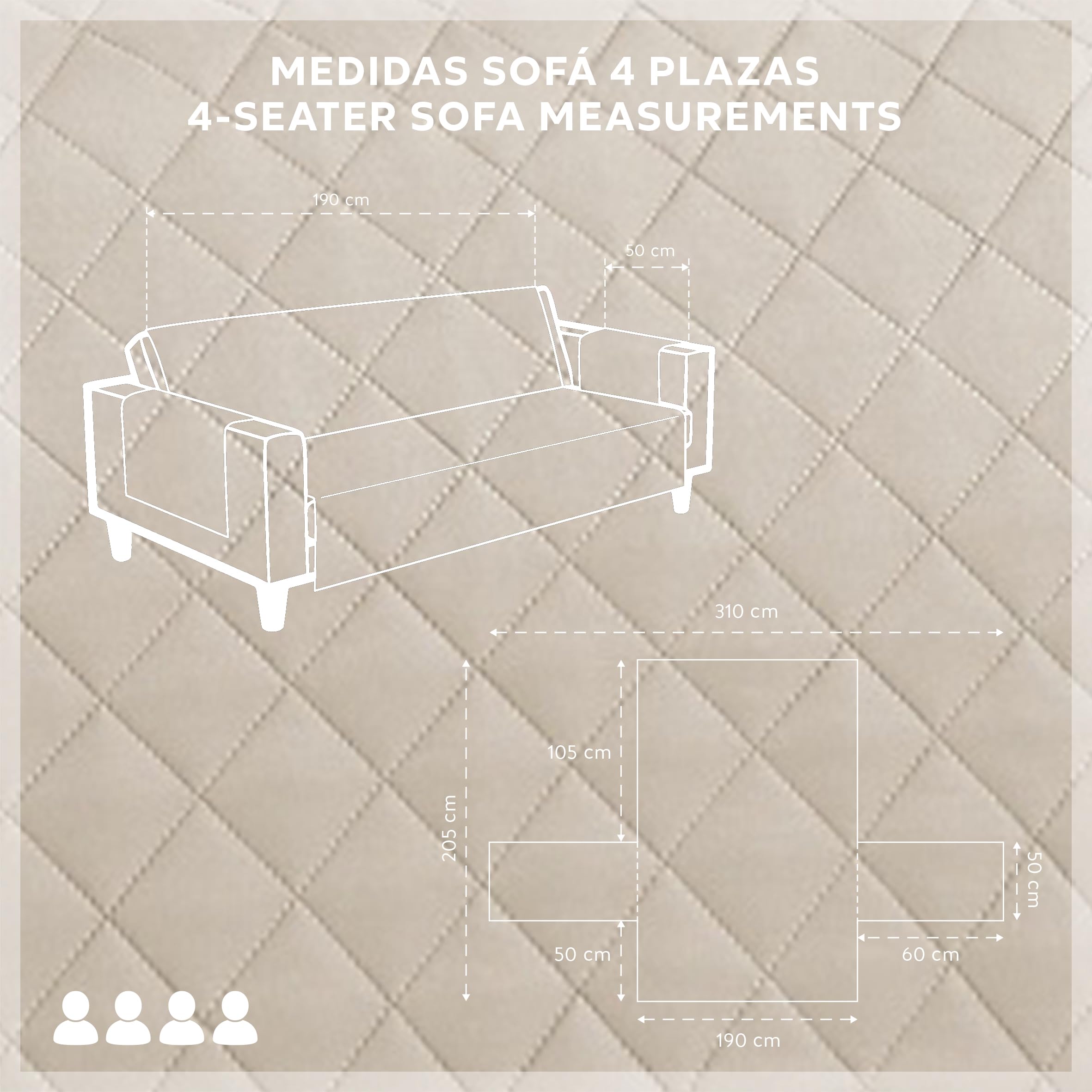 Textilhome Copridivano Malu 4 Posti (200cm) – Salvadivano Trapuntato Reversibile Universale, Protezione Antigraffio, Fodera Imbottita per Divano, Colore Avorio
