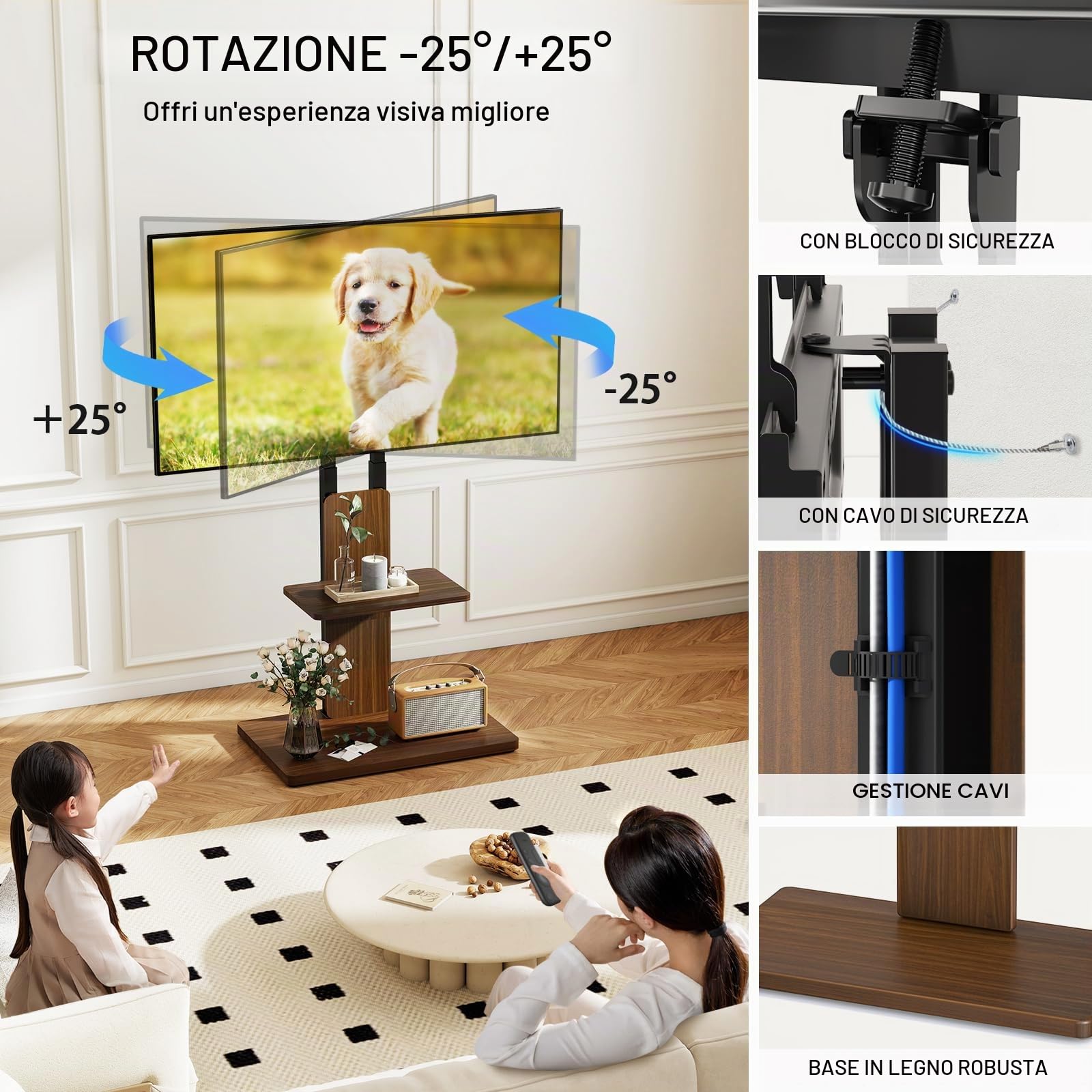 TVON Supporto TV da Pavimento con Ruote a Rotelle Nascoste per TV da 32-70 Pollici, Regolabile in Altezza, Carrello Porta TV con Ruote con Scaffale in Legno, Max Capienza 45 kg VESA 400x400mm