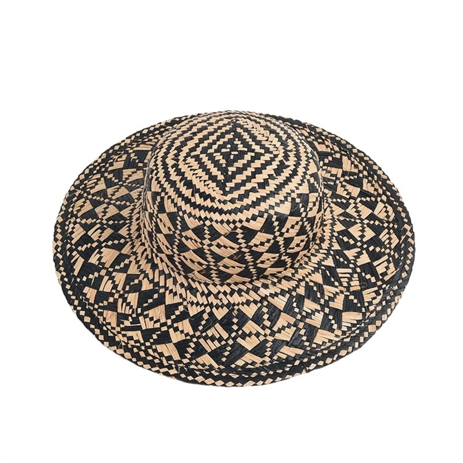 Sombrero para el Sol de Paja con diseño geométrico de Rafia para Mujer, Tejido a Mano, con Rayas, para Playa, con protección UV para Vacaciones de Verano (Negro, Talla única)