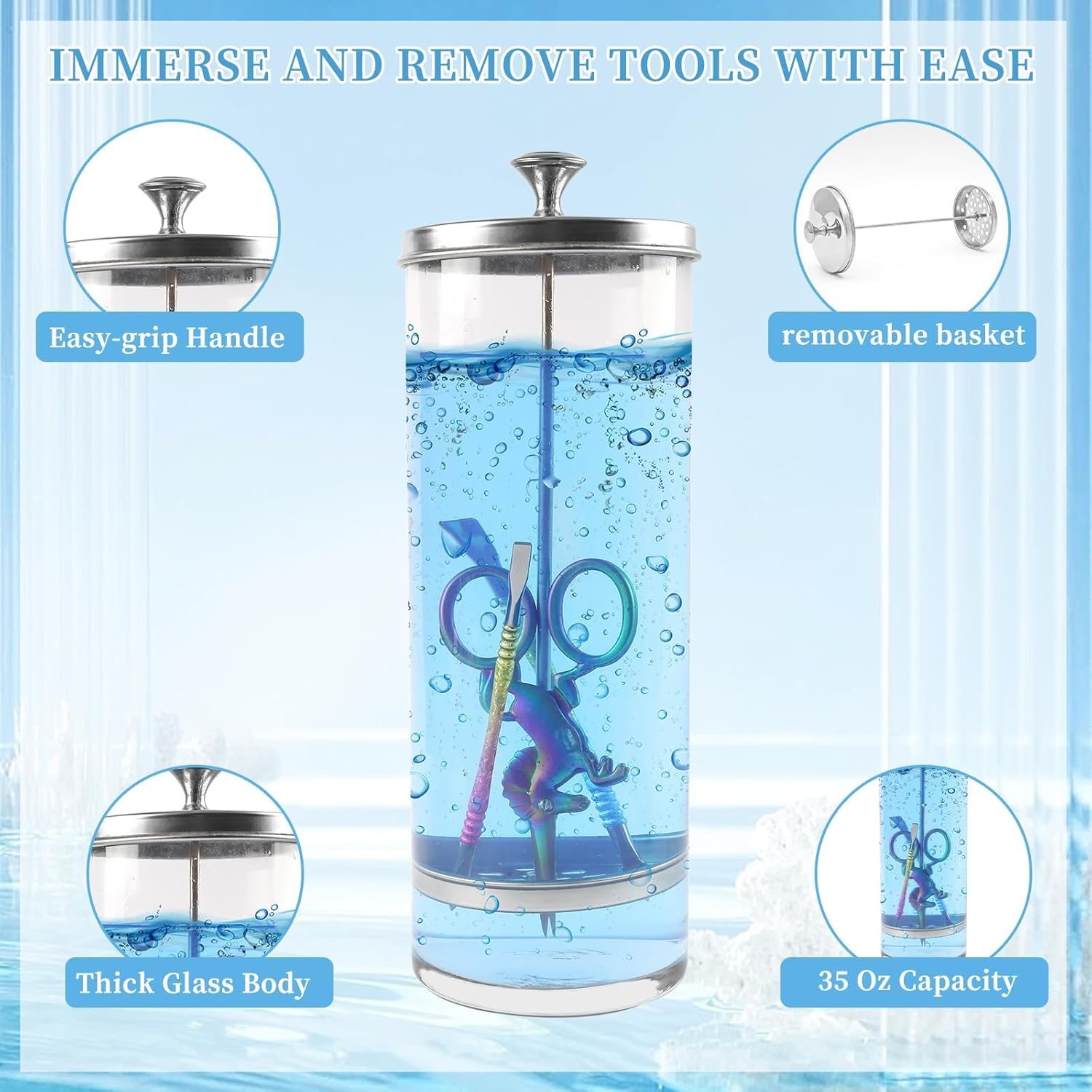 BOMOQING 35OZ Barber Jar for Manicure & Pedicure Implements, Salon Barber Tools with Removable Straining Tray (1035ml)