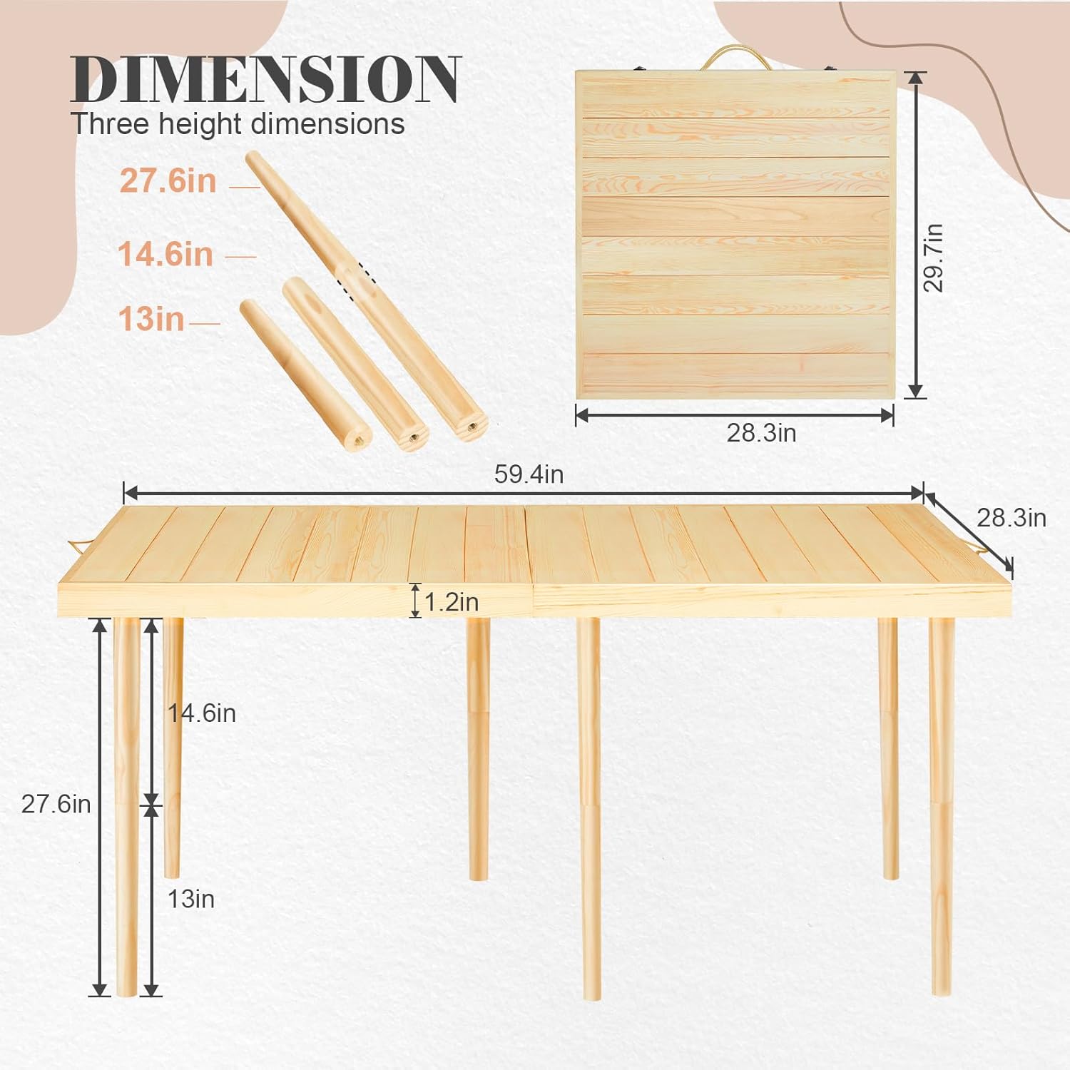 CUKBLESS Boho Folding Picnic Table, 59.4x28.3 Inches Wooden Low Portable Table with Carrying Handle, 3 Height Settings 13/14.6/27.6 Inches for Beach Camping BBQs