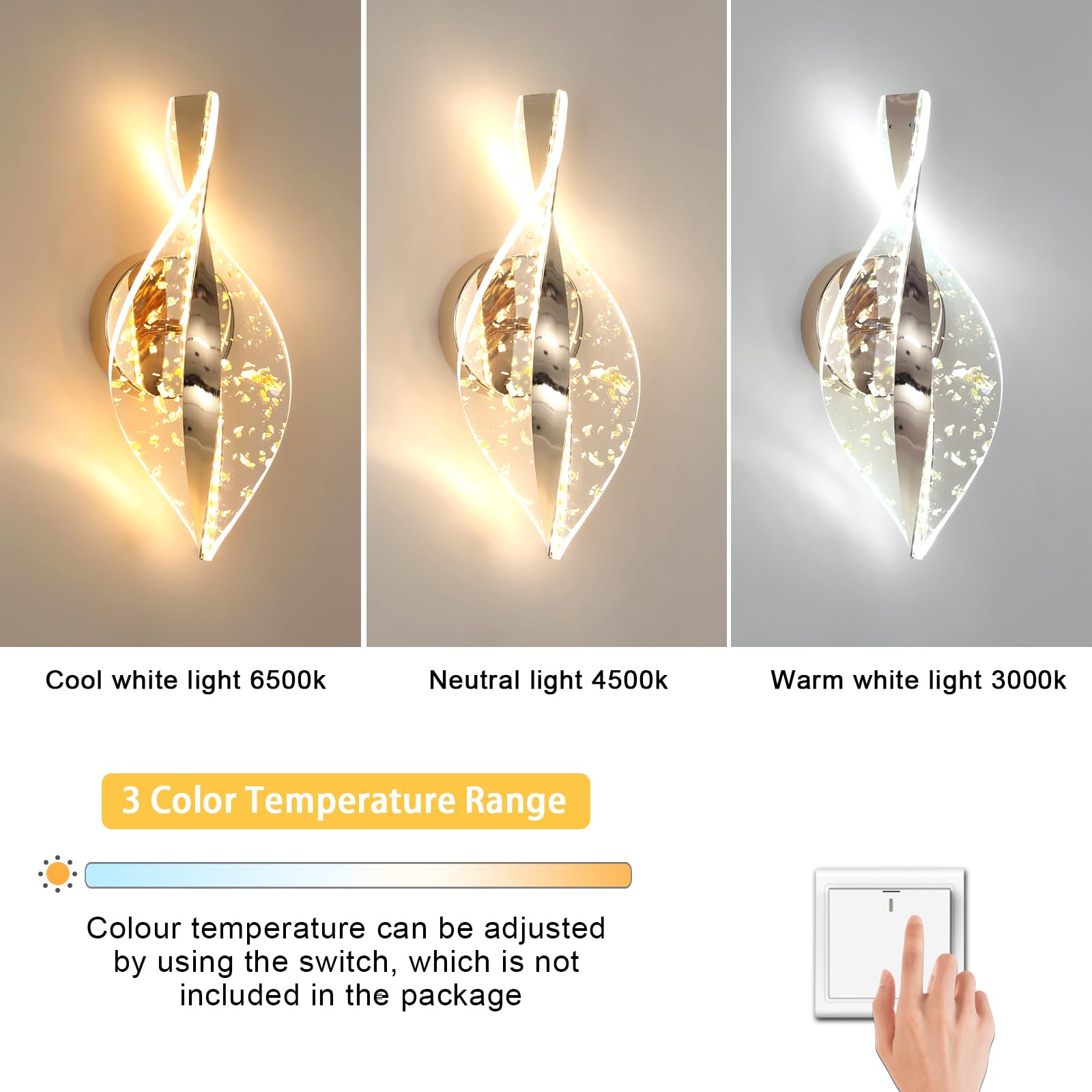 Comely 12W Lampada da Parete, 3 Temperature Applique LED 3000K/4500K/6500K | Oro 2000LM Lampade da Comodino Moderna LED per Corridoio, Camera da Letto, Soggiorno