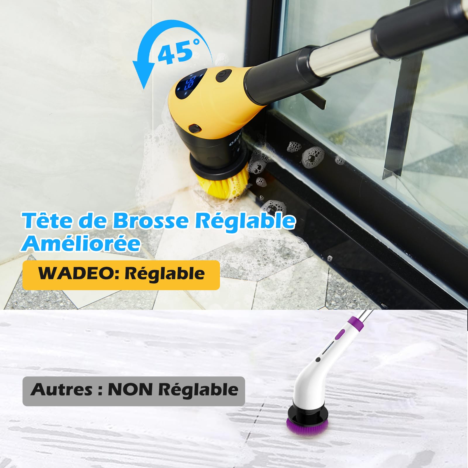 WADEO Brosse Électrique Rotative 17 Pièces - Kit de Nettoyage Multisurface avec 6 Types de Têtes et Poignée Réglable 360° - pour Salle de Bain, Carrelage, Sols, Cuisine, Voiture, Meubles