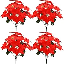 Wereves 4 PCS Fake Poinsettia Flowers with Stem 7 Heads Velvet Poinsettia Floral Bouquet Artificial Christmas Flowers for Table Door Stair Home Decor