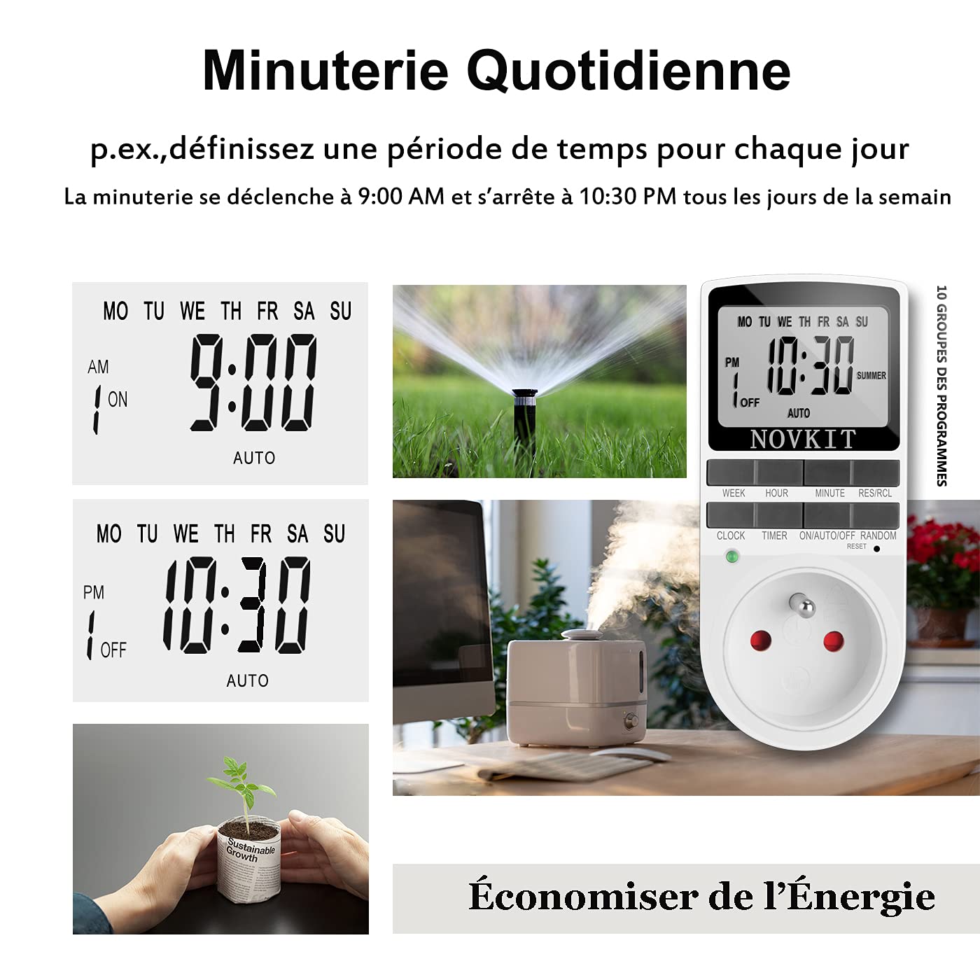 NOVKIT Programmateur Prise Électrique et Digitale, Minuterie Prise Numérique à 10 Programmes Journaliers Hebdomadaires avec Mode Anti-vol et Grand LCD écran, Économiser Électricité (Paquet de 2)