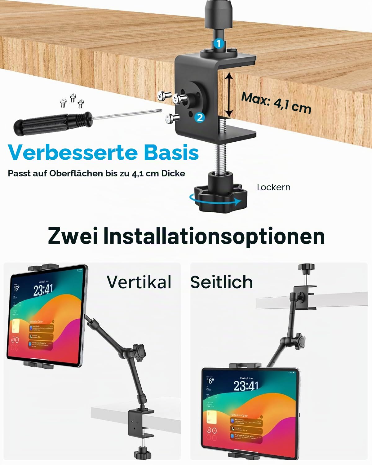 16" Tablet Halterung Tisch, [Metallarm] 360° Verstellbare Tablet Ständer Arm für Küche/Schreibtisch/Bett/Küchenschrank, iPad Halterung Klemme für iPad Pro Air Mini, Galaxy Tab, E-Reader 4,7-16" Geräte